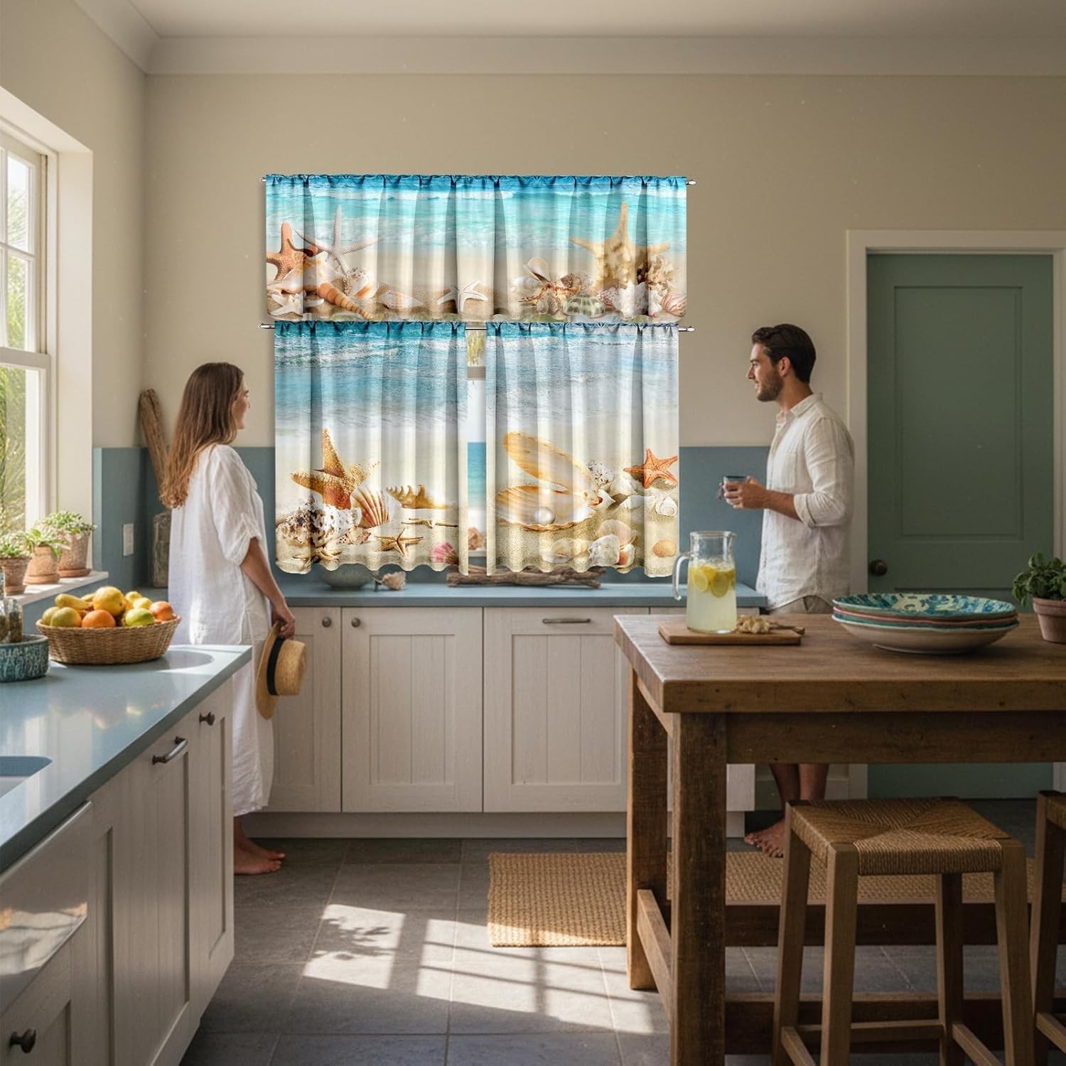 Beach Kitchen Curtains Set Coastal Starfish Shell Water Resistant Polyester
