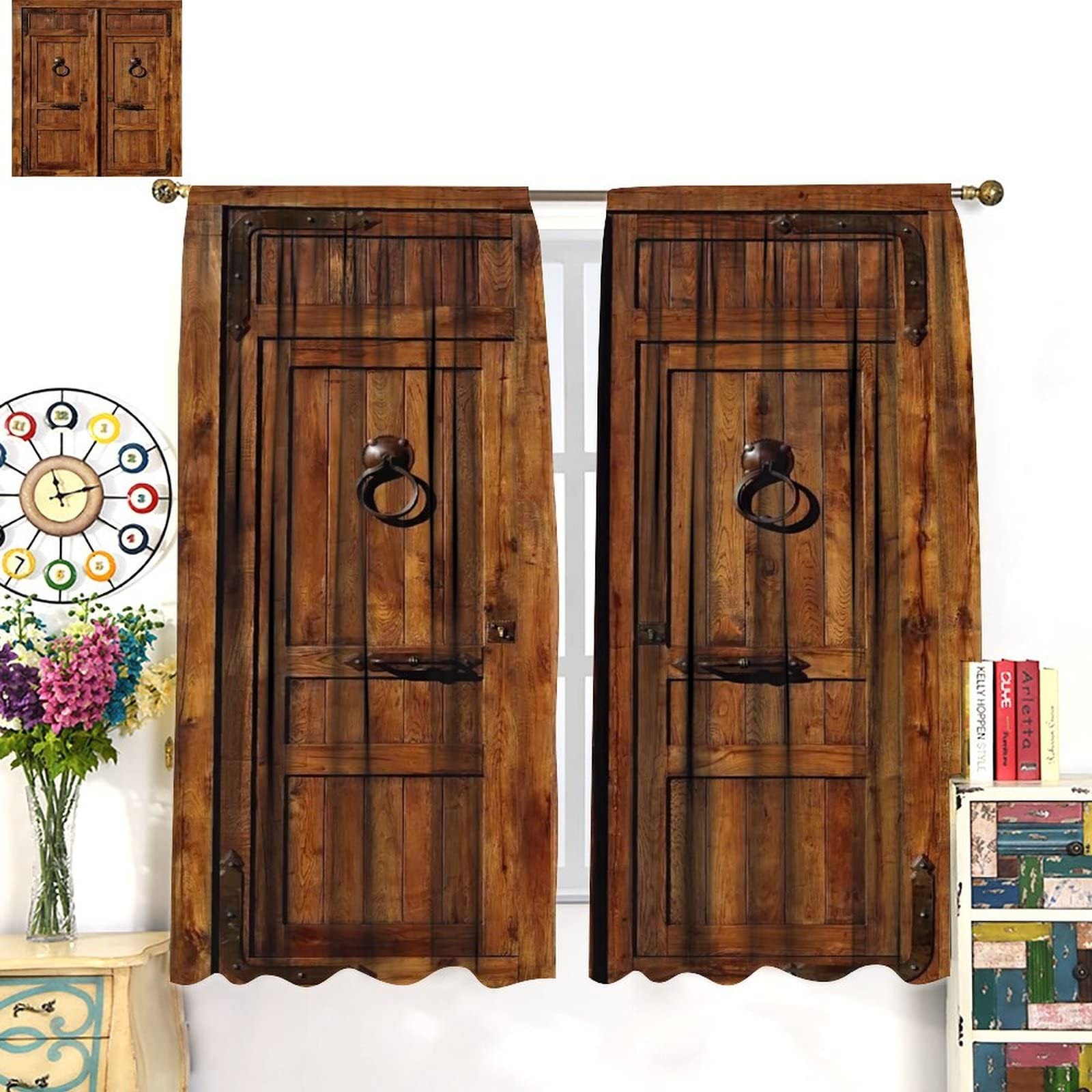 Godazzling Rustic Wooden Barn Door Blackout Window Curtains Vintage Wood
