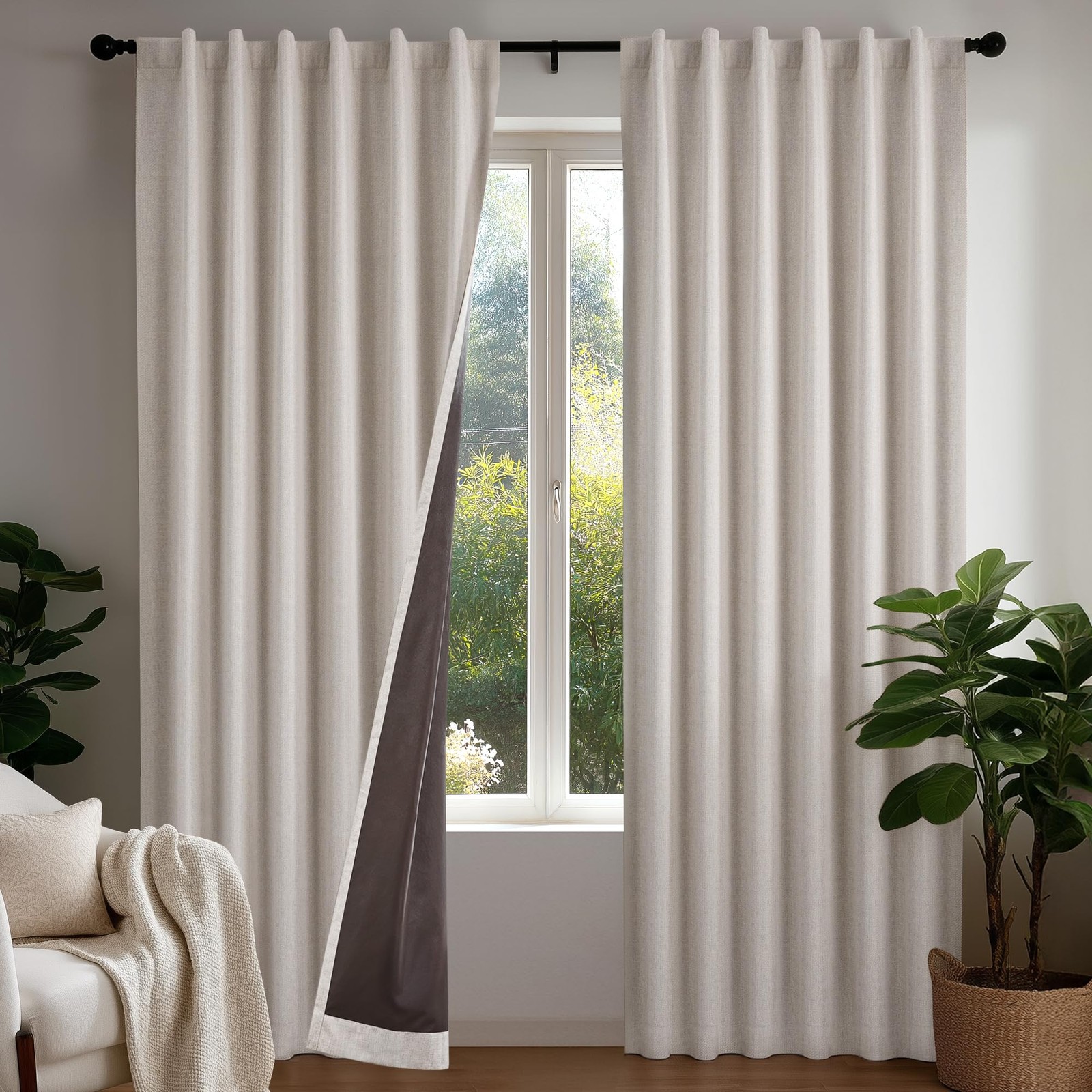 100% Total Blackout Curtains for Bedroom, Faux Linen Hidden Tab Window Drapes…