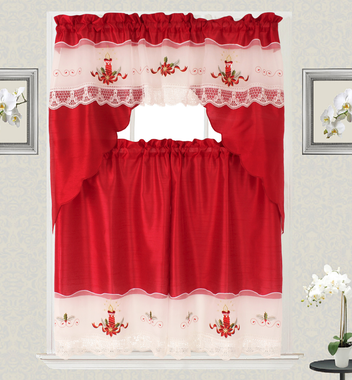 3-Piece Decorative Christmas Embroidered Holiday Candle macrame Kitchen Curtain