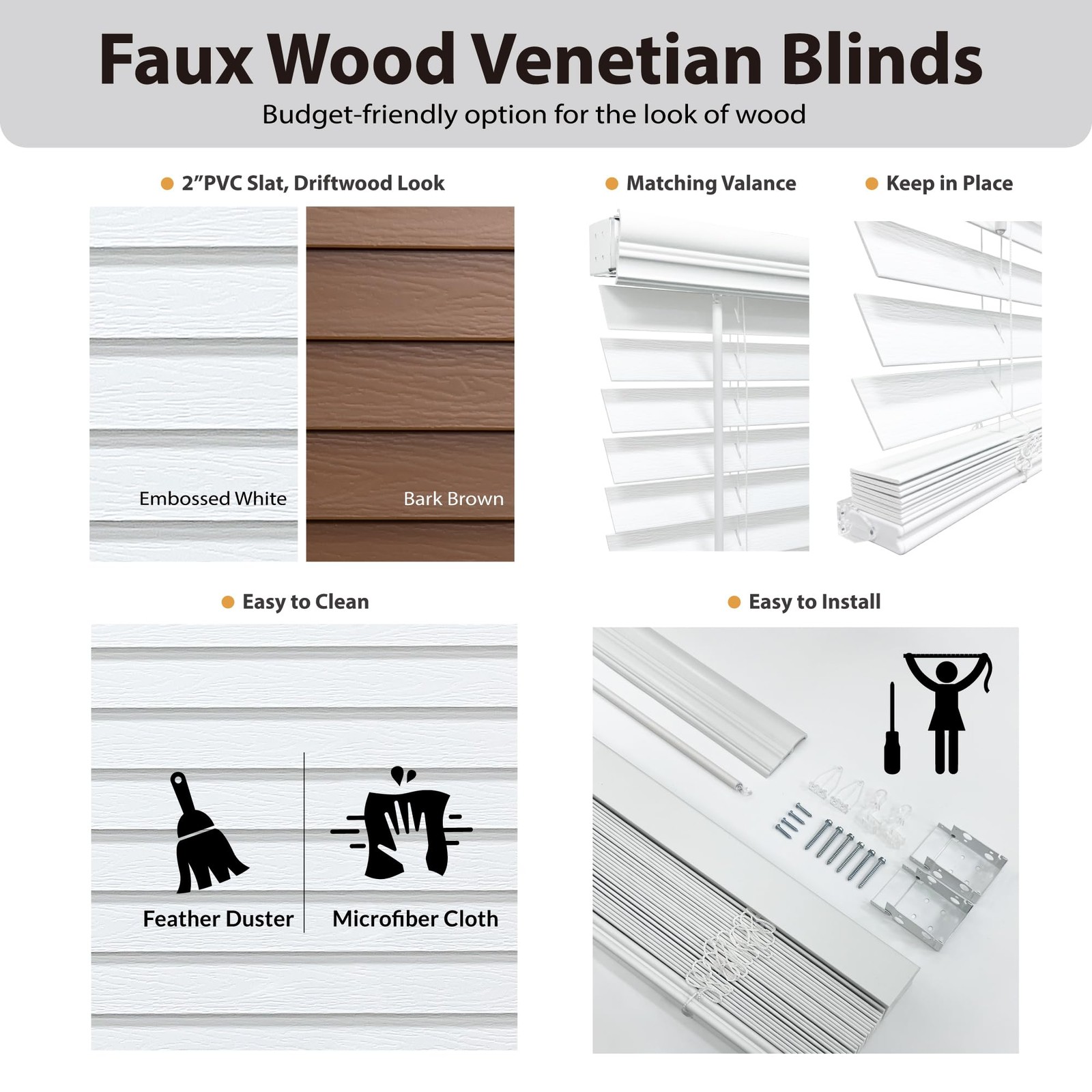 Cordless 2″ Signature Faux Wood Blind, 41″ W x 48″ H, Bark Brown