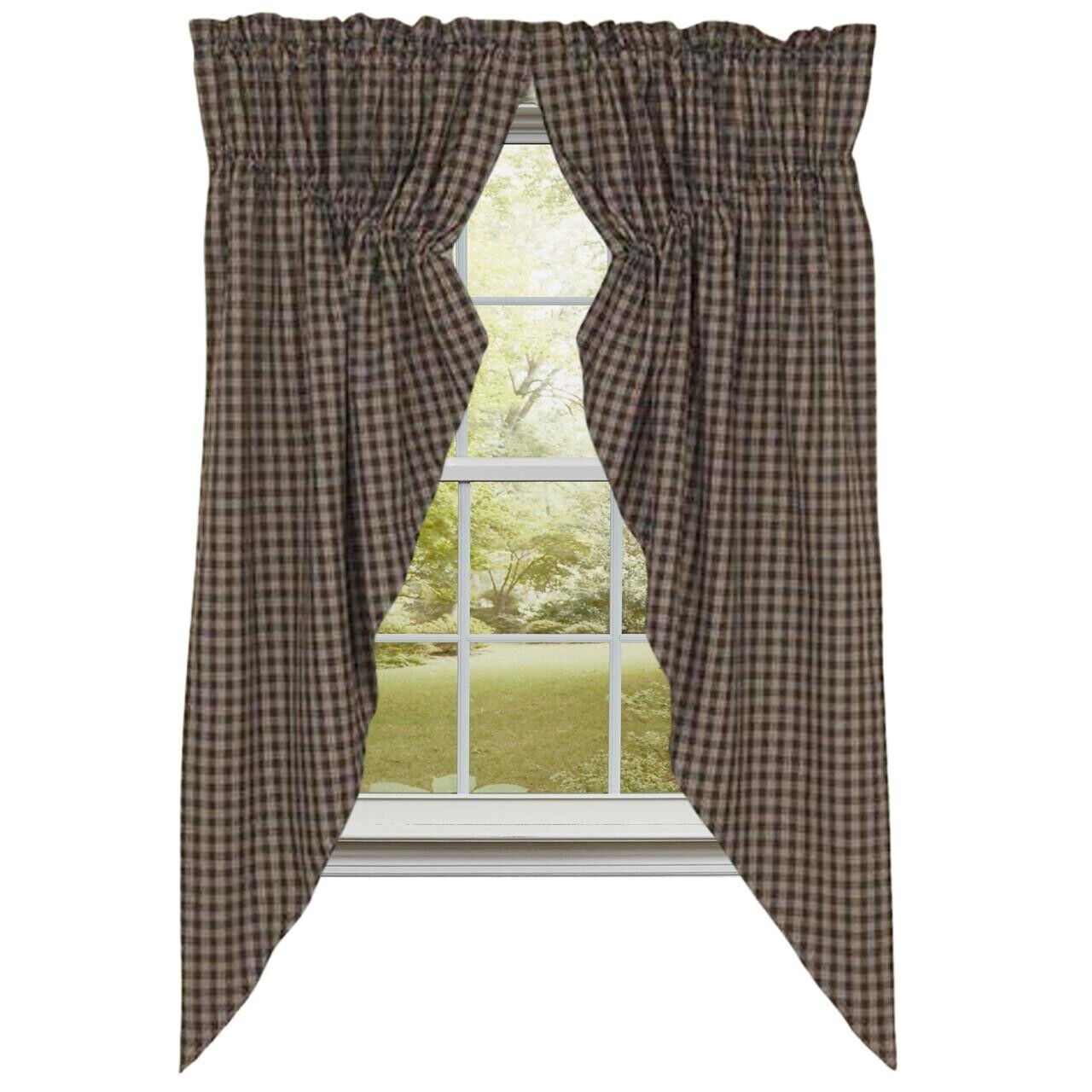 Sturbridge Black Tan Plaid Cotton Lined Country Gathered Prairie Curtains