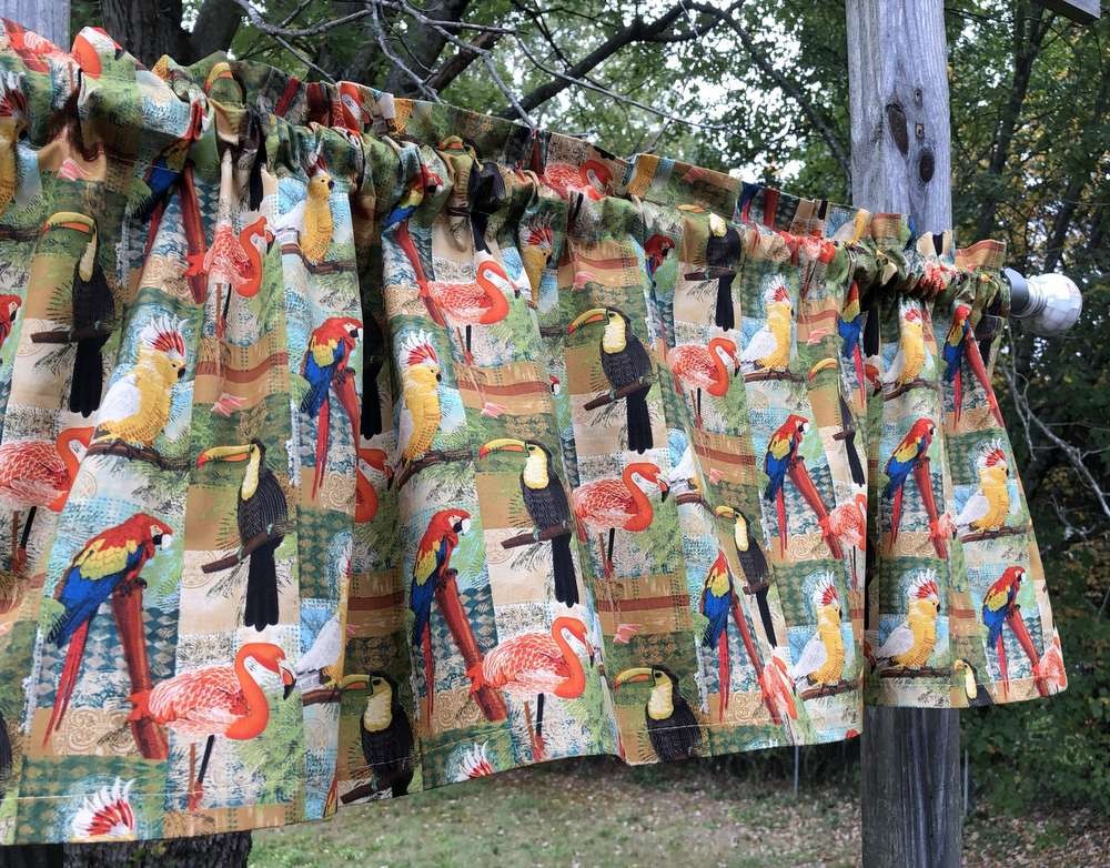 Tropical Birds Valance Jungle Patch Toucan Parrot Cockatiel Flamingo Curtain