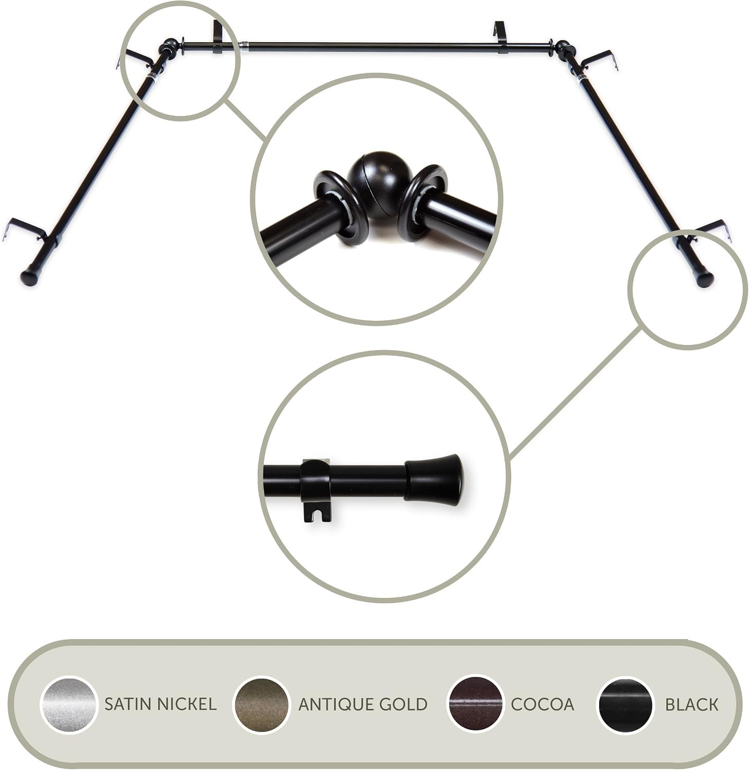 Adjustable 5/8″ Bay Curtain Rod Set – Black