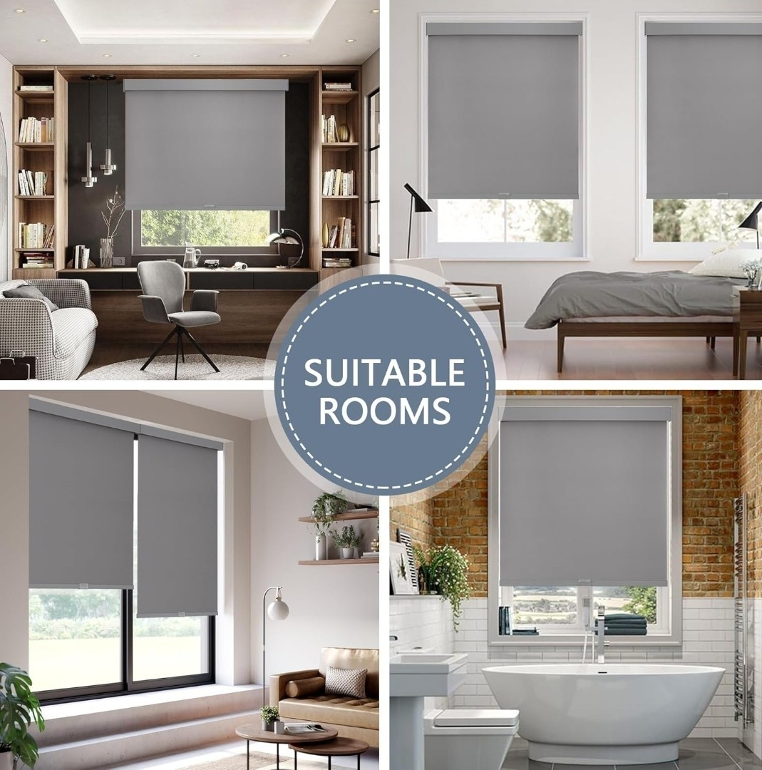 Cordless Blackout Roller Shade Gray Window Blind Thermal Insulated UV Blocking