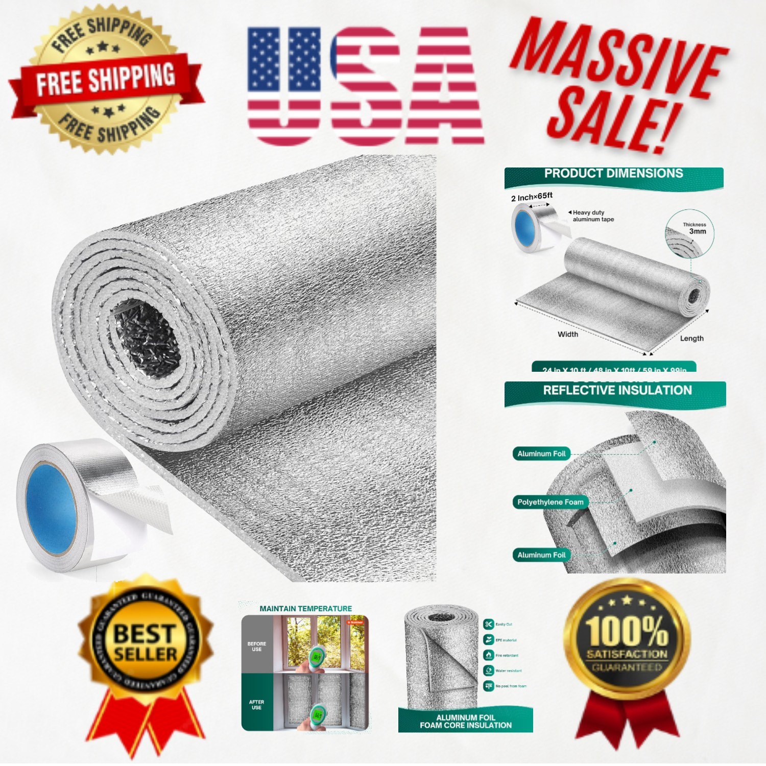 Summer Heat Reflective Insulation Roll – 48” x 10′ Radiant Barrier System