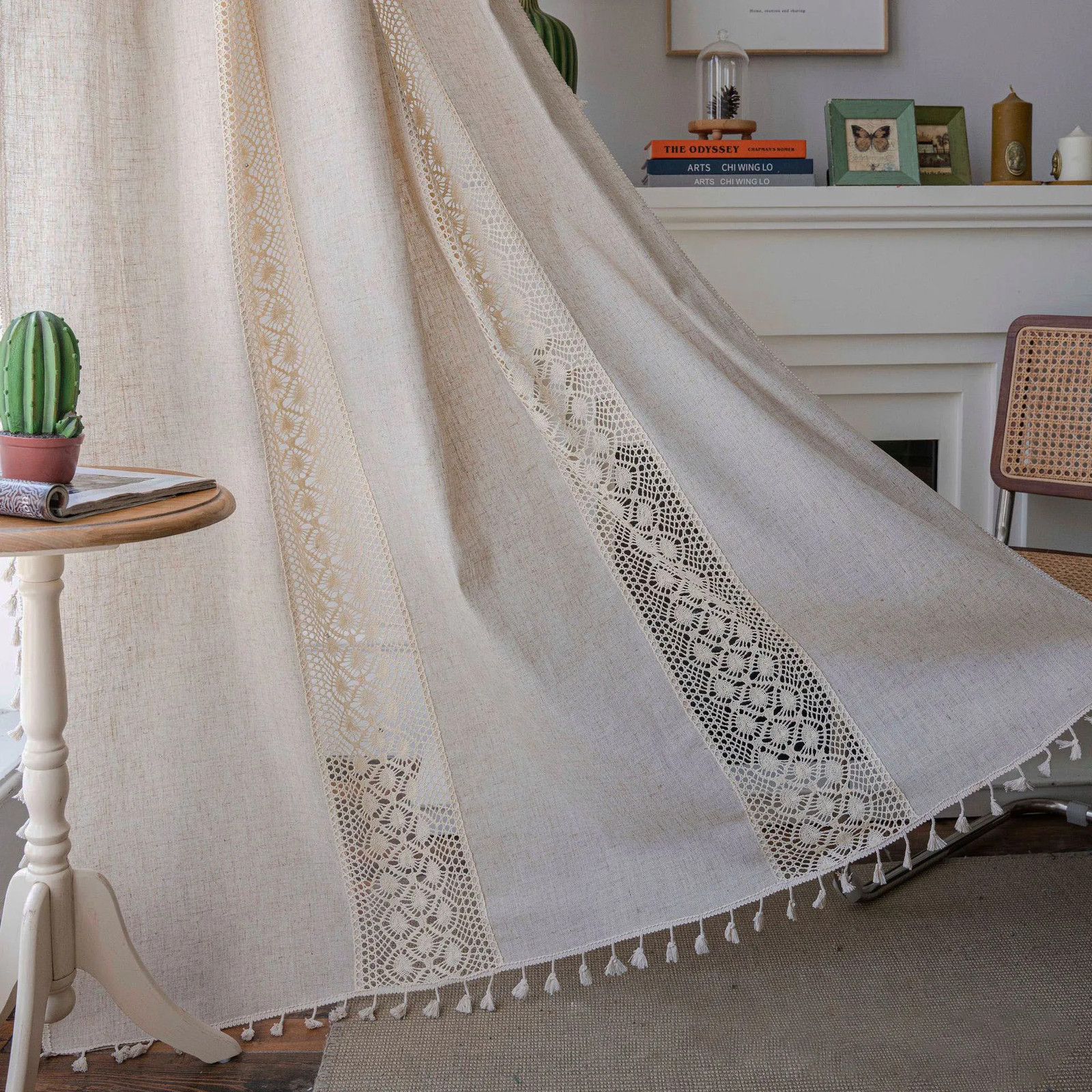 Linen Semi Blackout Curtain 1 Panel Handmade Cotton Burlap Stitching Lace Tassel
