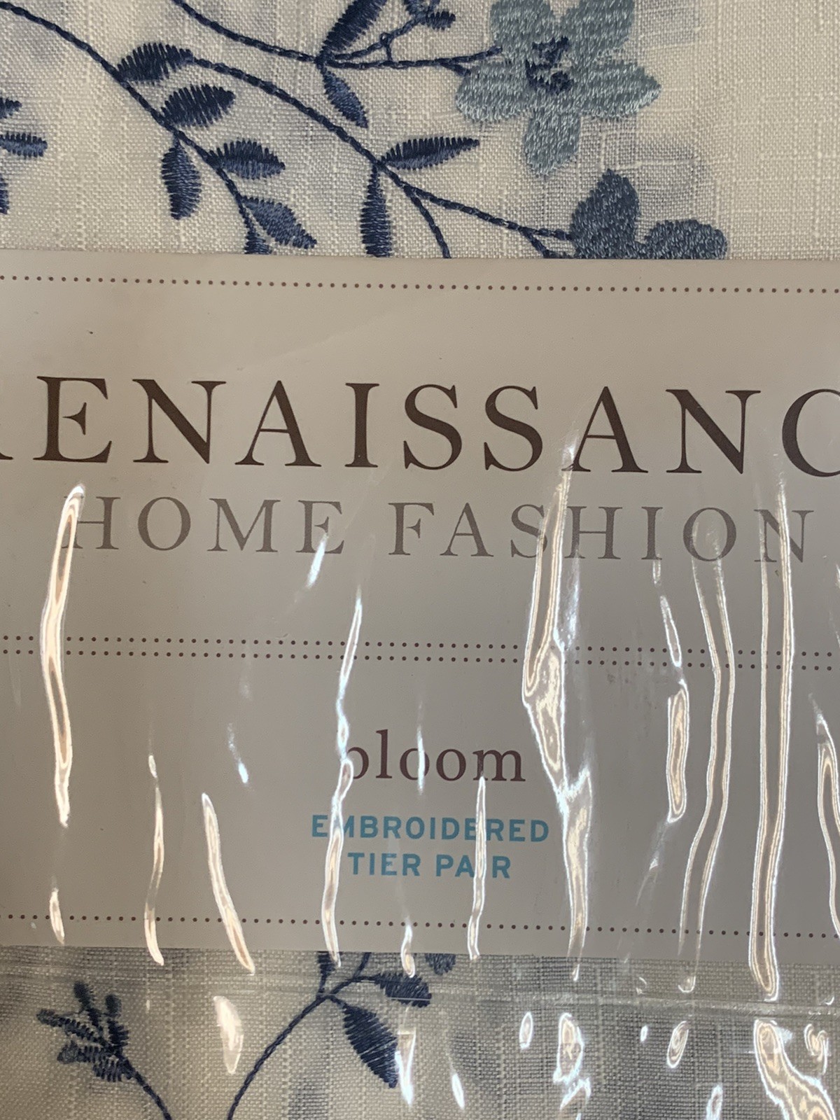 Belle Maison Bloom Renaissance Home Embroidered Tier Pair Blue White Floral 36″
