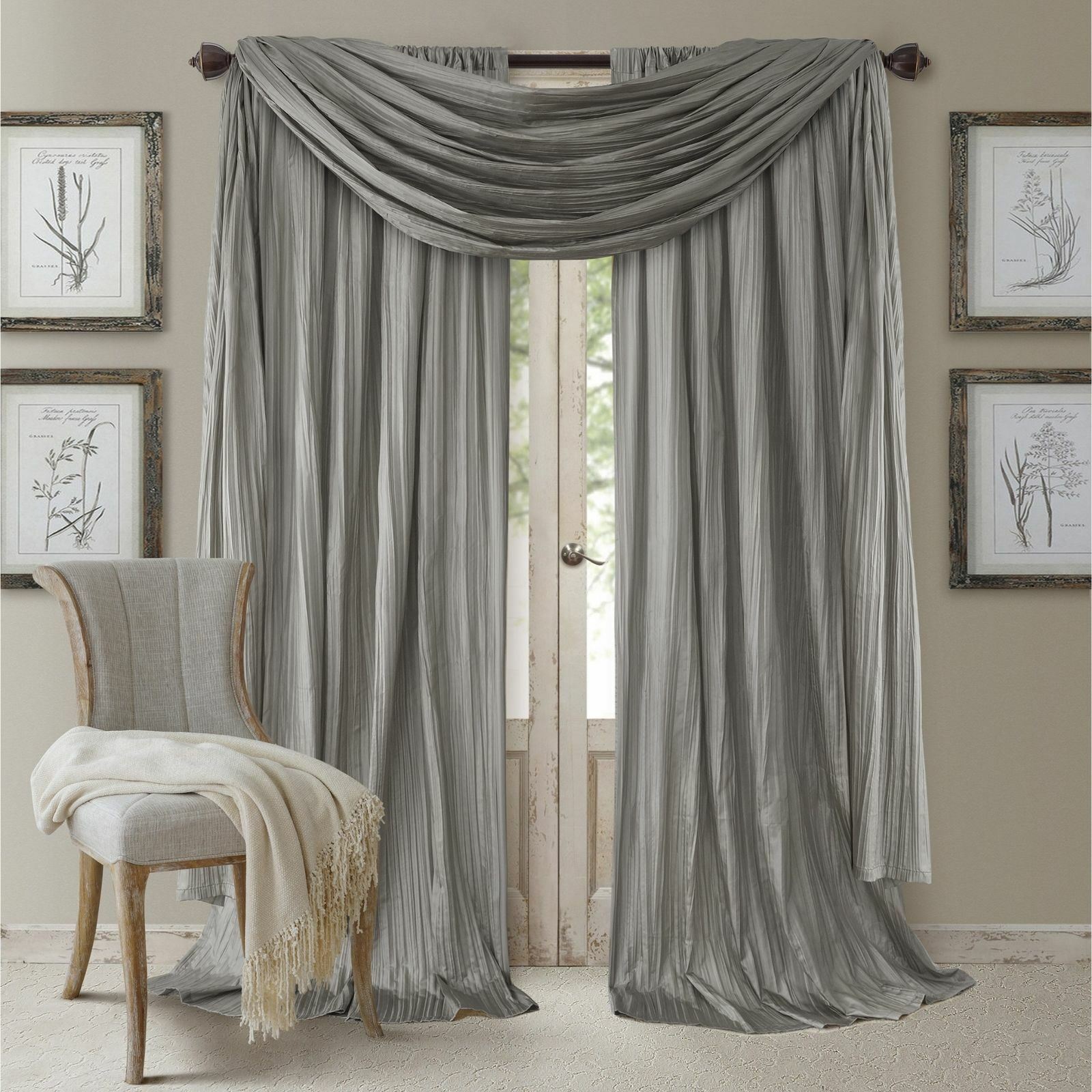 Set 2 Silver Gray Faux Silk Curtains Panels Drapes Pair WITH SCARF 84 95 108 in