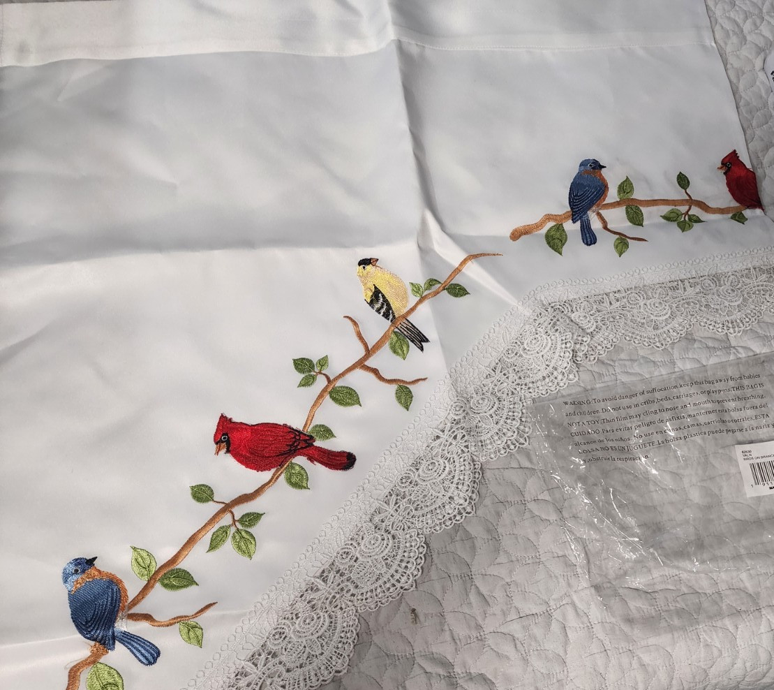 Valance With Embroidered Birds Cardinals Songbirds Lace Bottom 57” X 34″ X 16″
