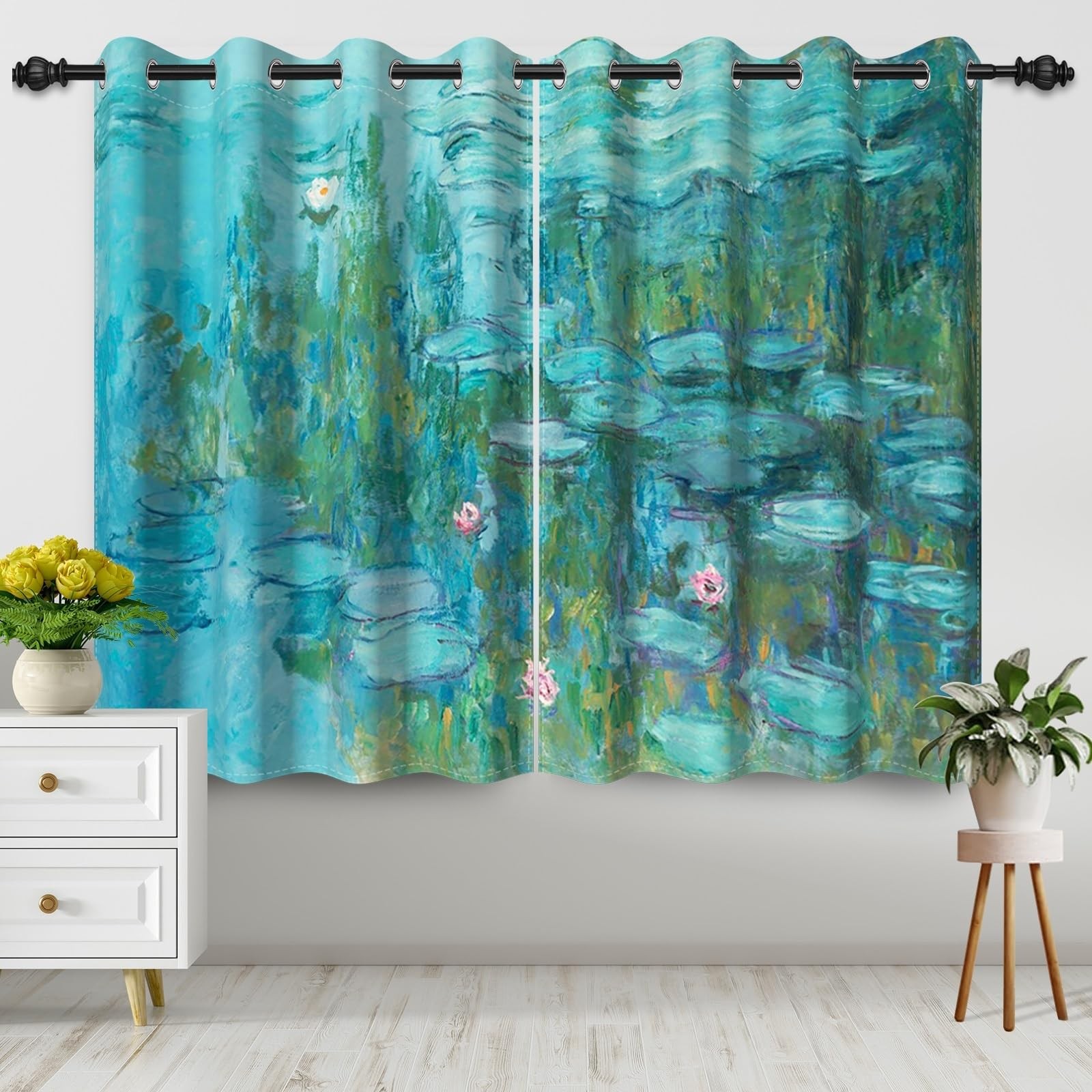 Water Lilies Blackout Curtains 63inches Long Lotus Floral Leaves Art Decor Ho…