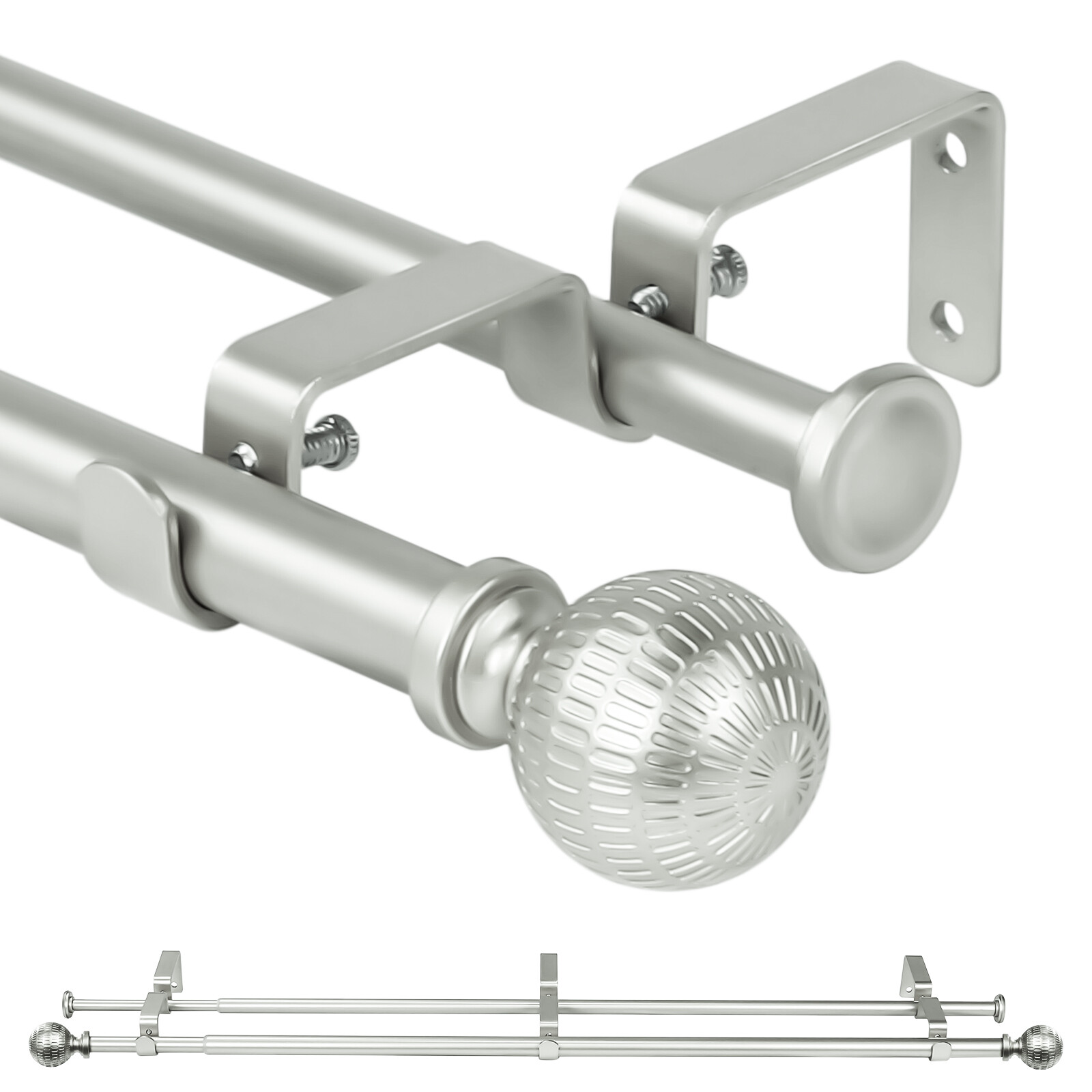 5/8″ Telescoping Double Curtain Rods with Reticulated Ball Finials, 28″-120″