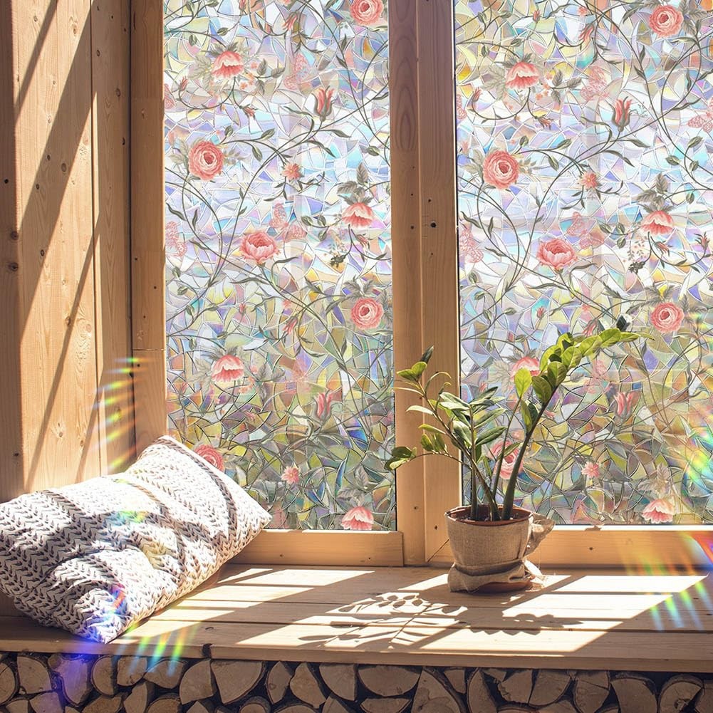 Stained Glass Privacy Film Red Rose Sun Blocking Decor, 16.93×39.37in