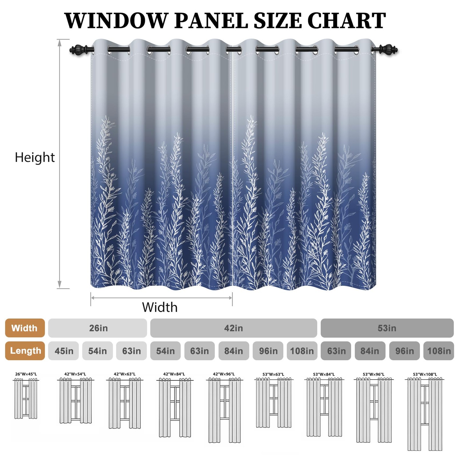 Blue Grey Gradient Wild Grass Blackout Window Curtains, Abstract Art Botanica…