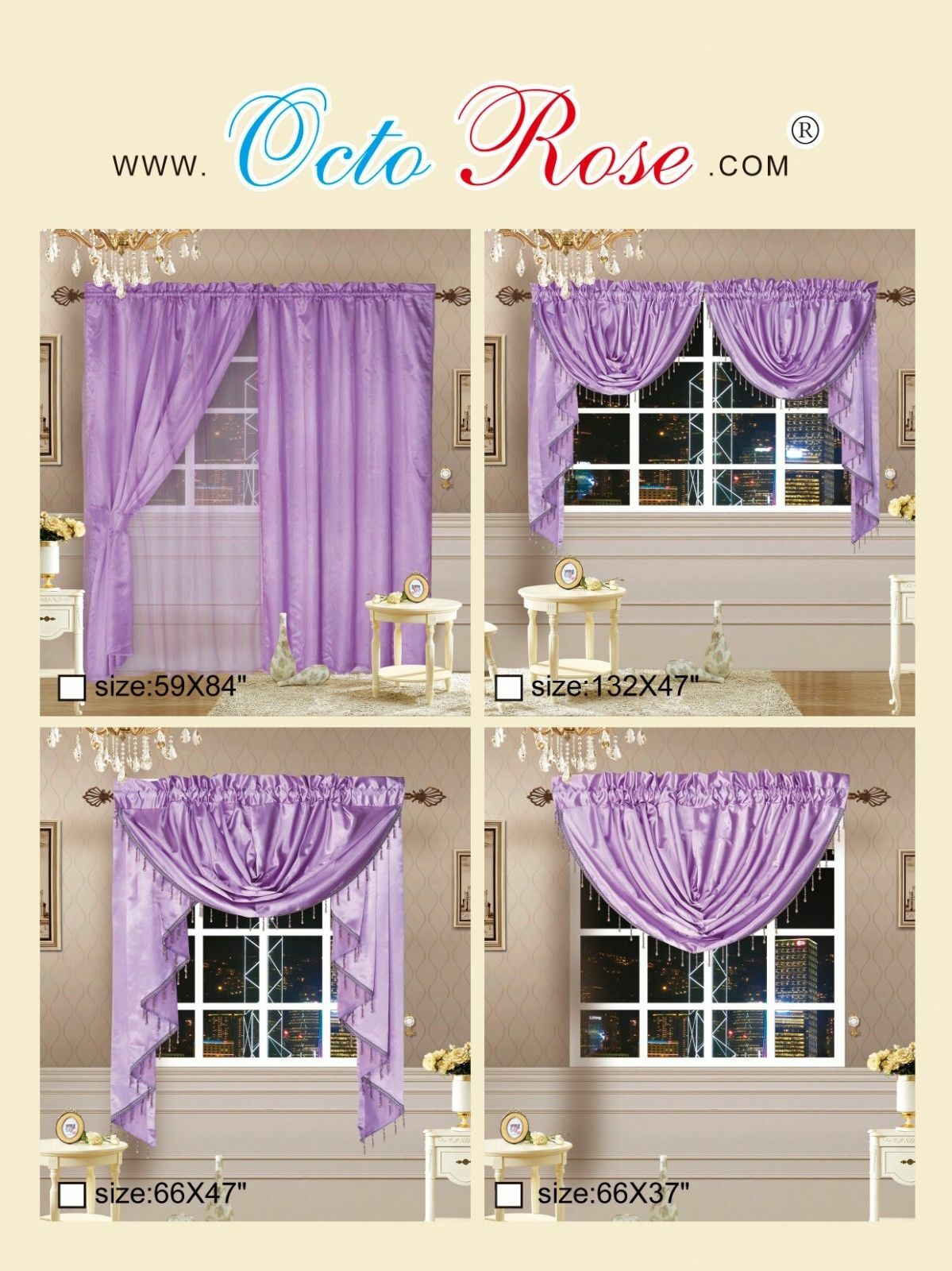 Octorose ® Royalty Custom Waterfall Window Valance Swags & Tails in many color