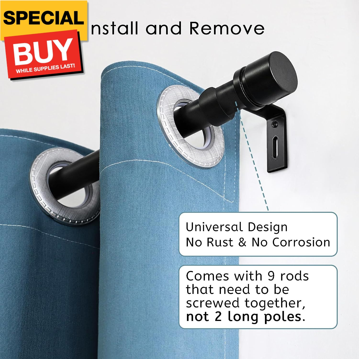 Curtain Rods for Windows 16 to 144 Inches Adjustable Length 1 Inch Diameter Wind