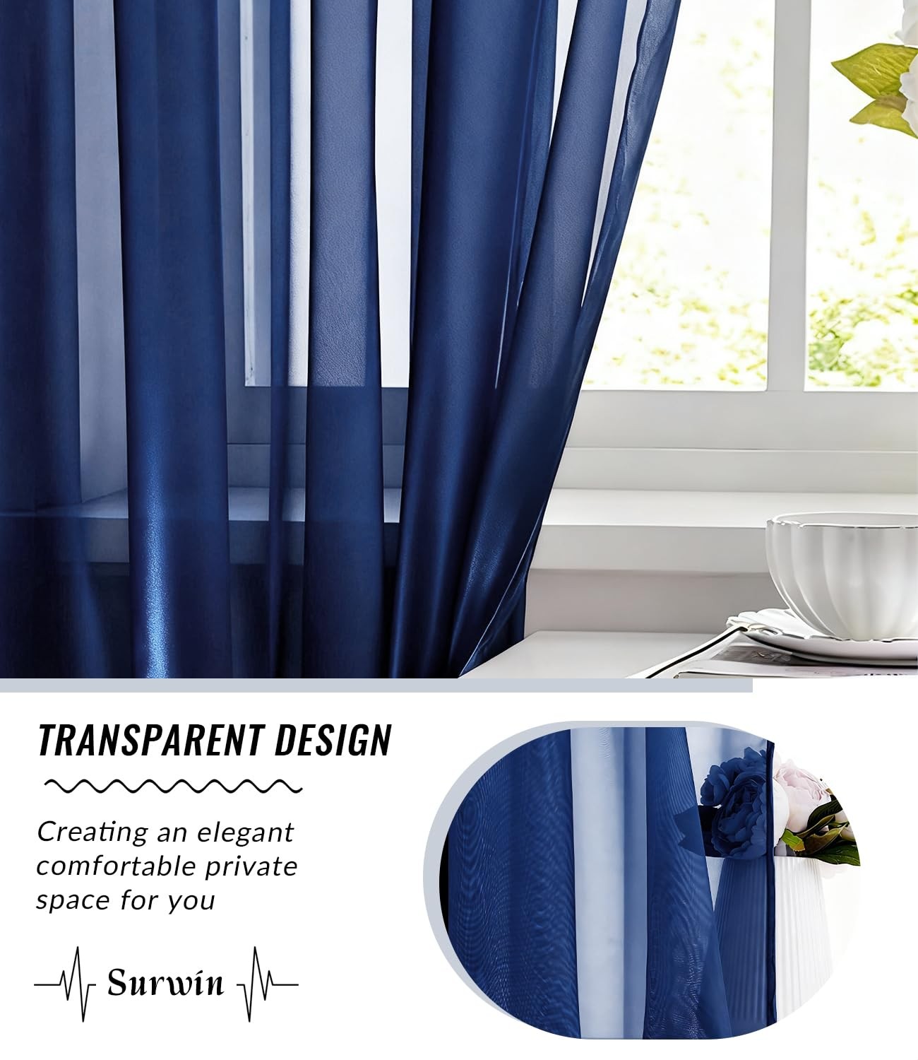 2 pieces curtains with eyelets, navy blue 132x210cm curtains, modern transparent…