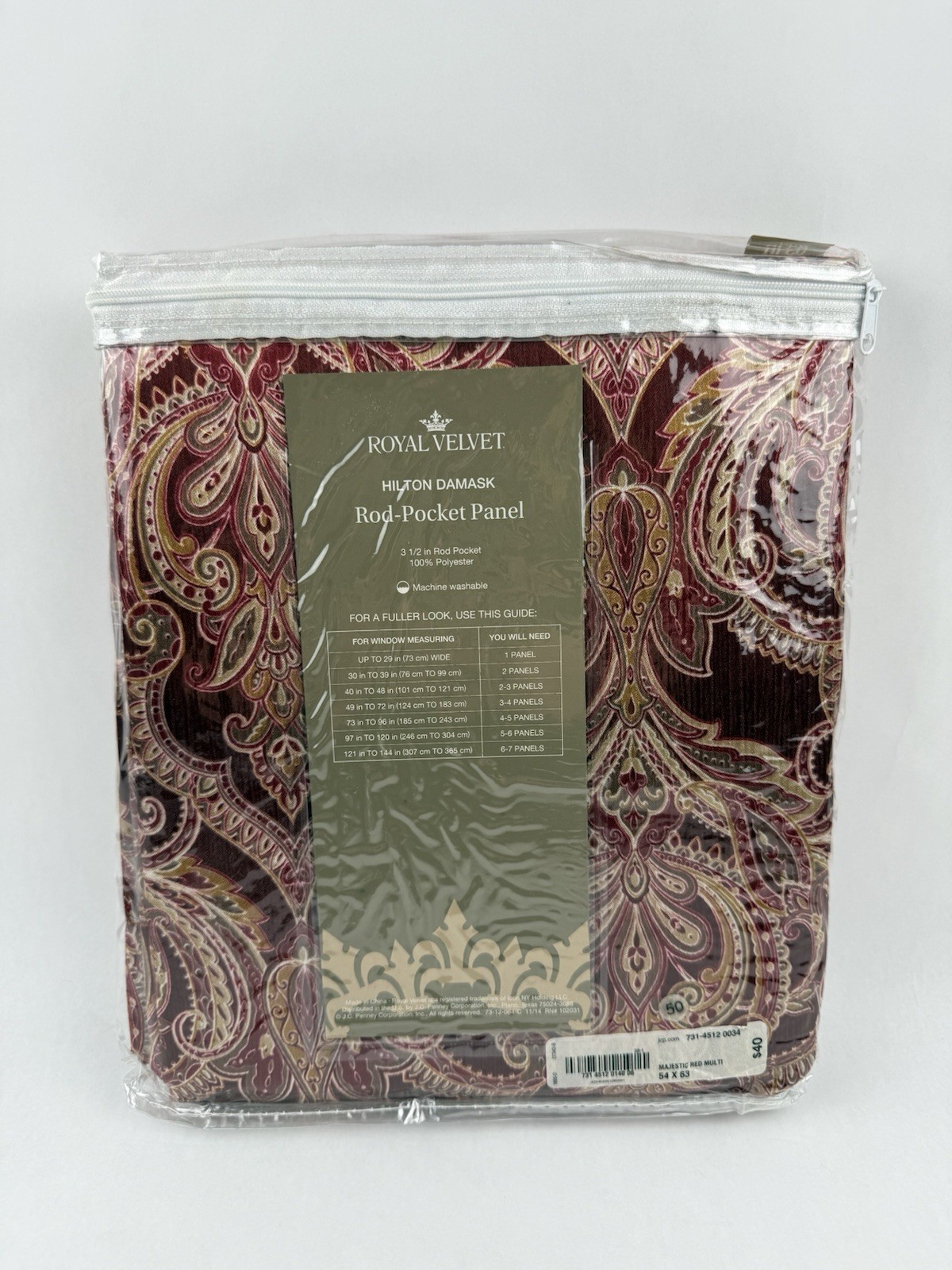 JCP Royal Velvet Hilton Hilton Damask Panel Curtain Majestic Red Multi 54″x63”
