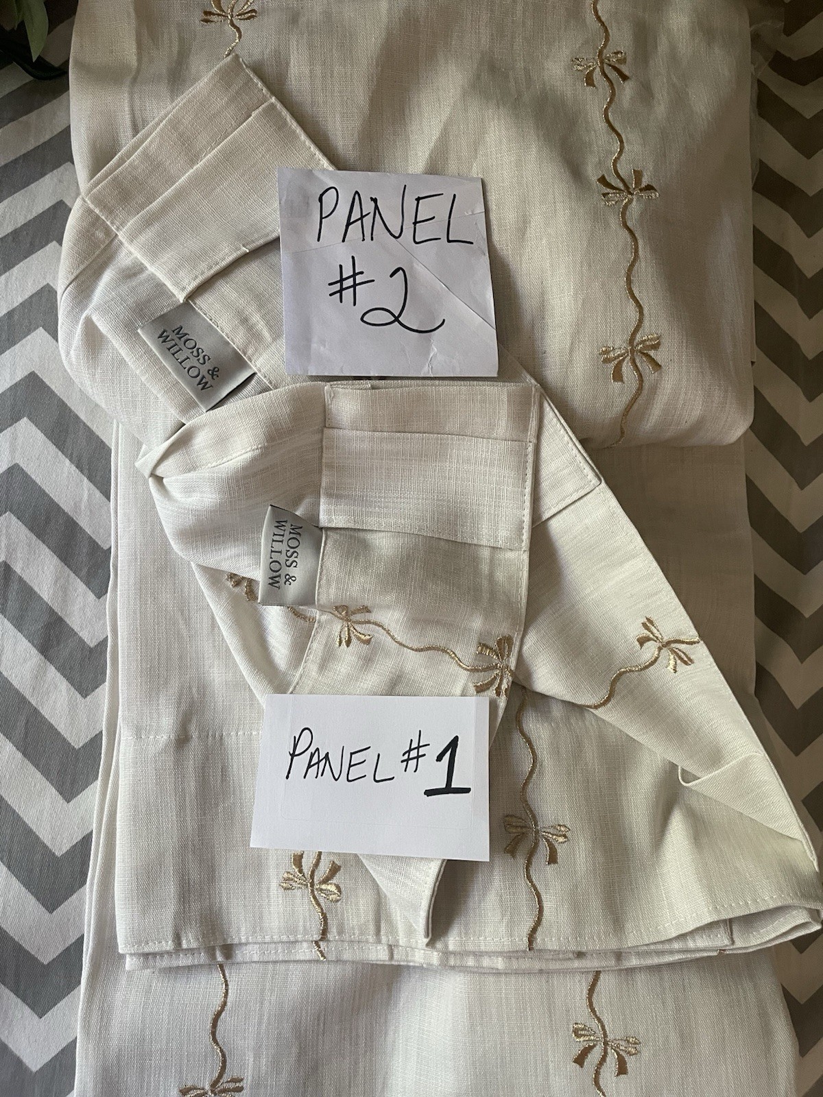 MOSS & WILLOW 100% Cotton Gold Embroidery Curtains Bows Ivory 50X96” NEW SET