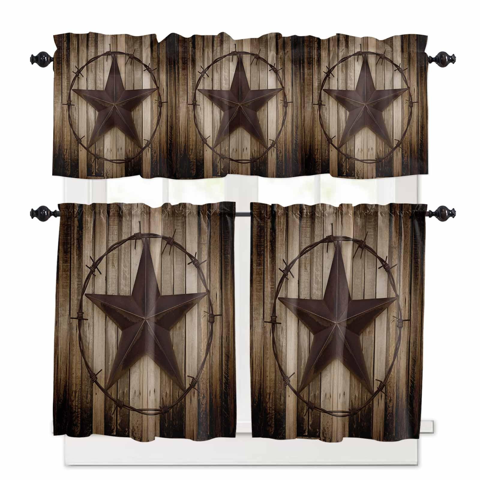 Western Kitchen Curtains and Country Valance Set, Texas Star Rustic Wooden Bo…