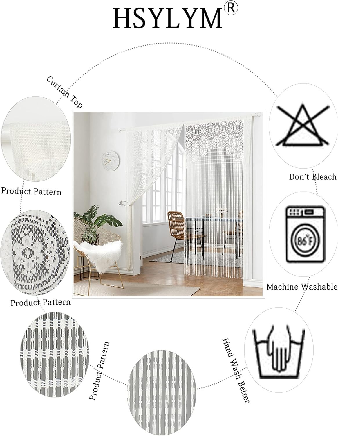 Customizable Boho String Curtain 35x79in – Semi-Sheer Room Divider in White