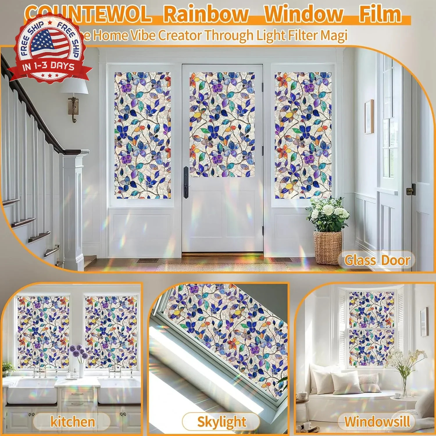 COUNTEWOL Window Privacy Film with Installation Tools Home Decorative Colored Gl