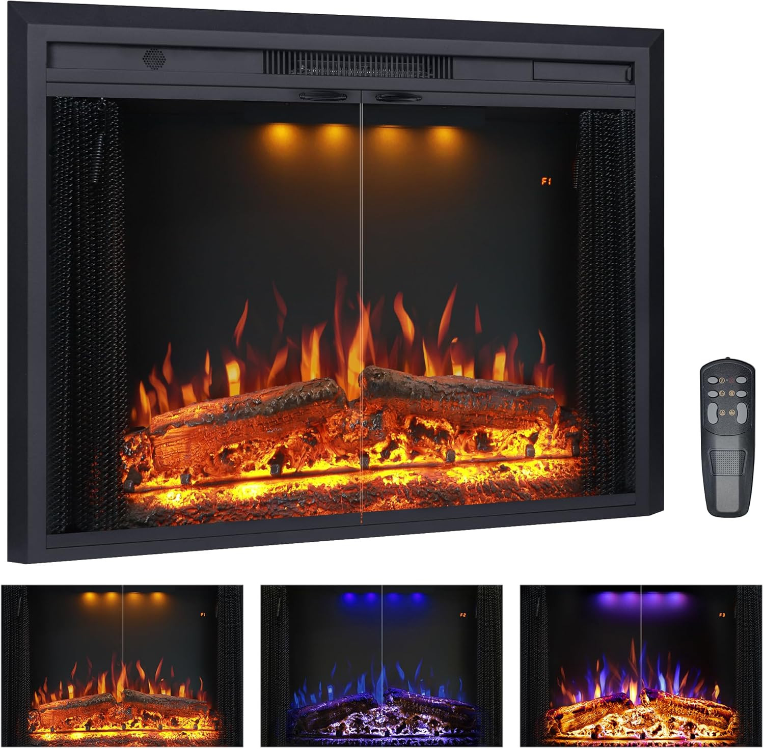 33” W Electric Fireplace Insert with Low/High Temperature Settings, Movable Mesh
