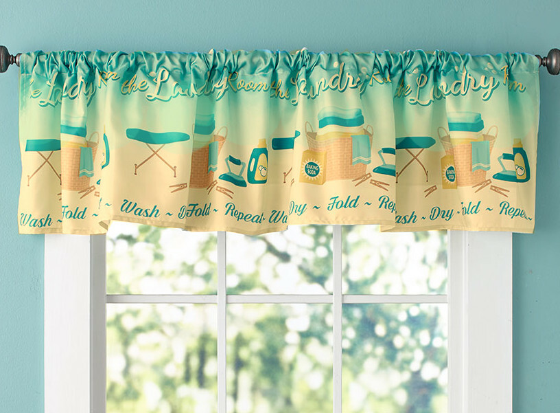 Laundry Room Window Valance Curtain Aqua Teal 71×14 “Wash Dry Fold Repeat”
