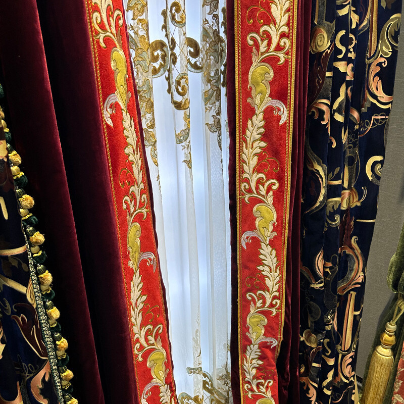 European luxury embroidery blue cloth curtain Velvet thick valance tulle M1567