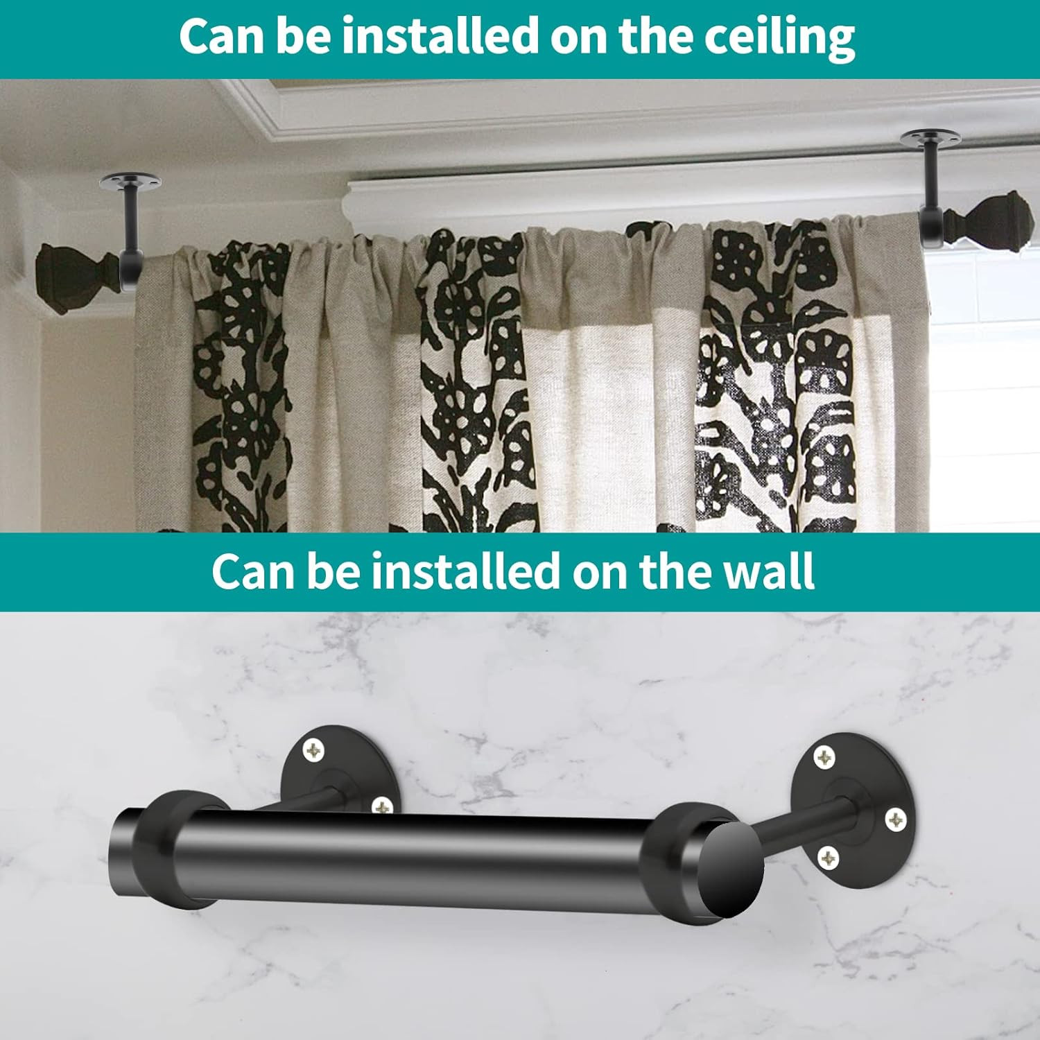 1-1/4Inch Curtain Rod Ceiling Mount Brackets, Stainless Steel, Black, 4 Pack