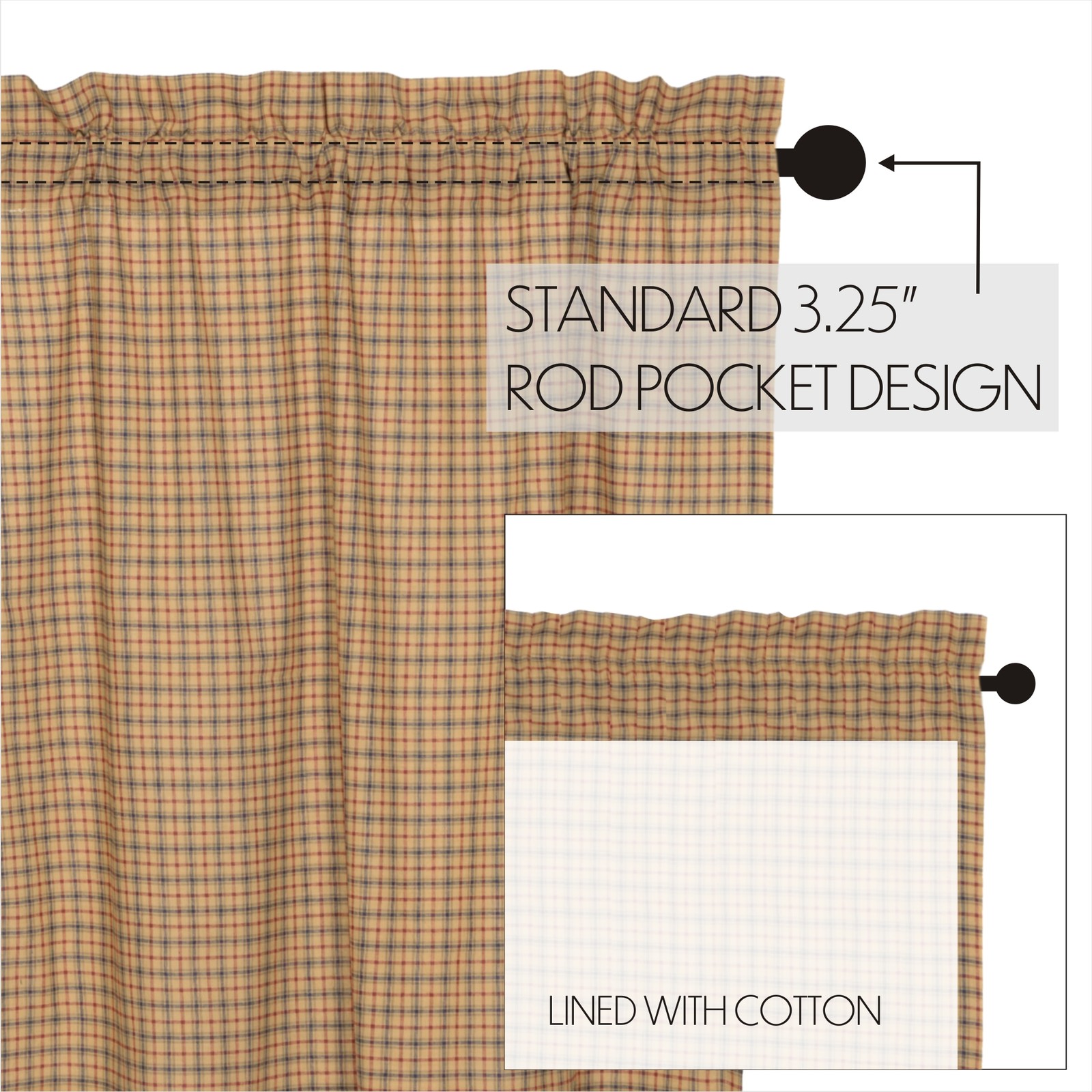 Rustic 24″x36″ Tier Pair Tan Rod Pocket Plaid Kitchen Window Curtains VHC Brands