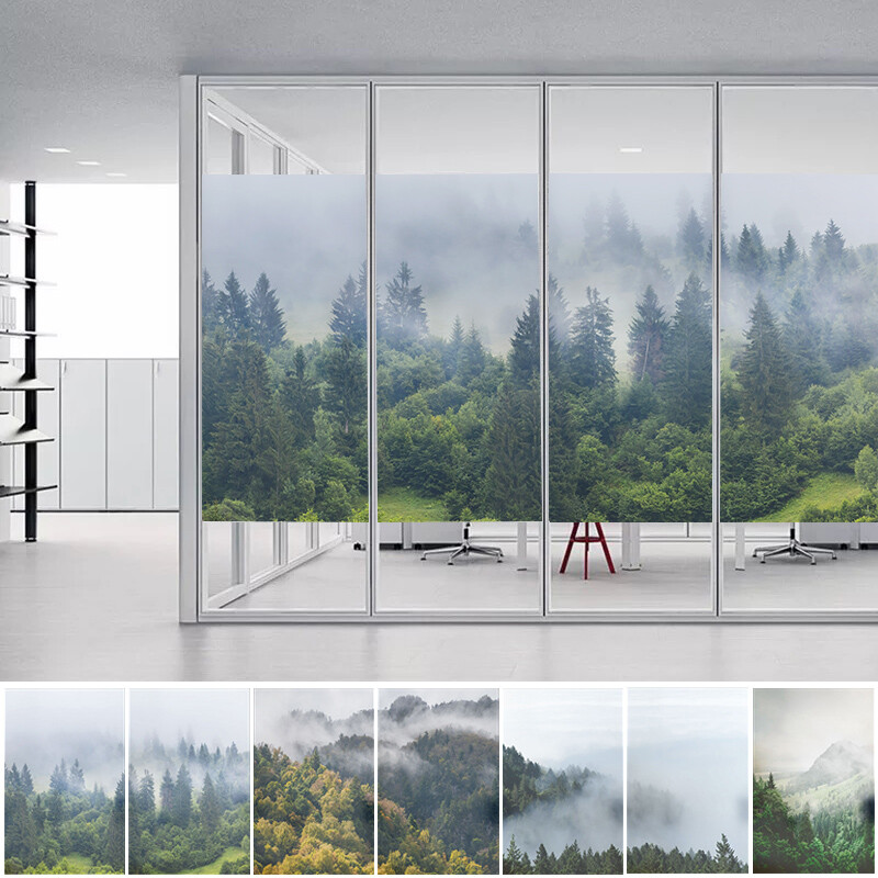 Home Window Film Static Cling Stained Forest Scenery 3D Frosted Decor US
