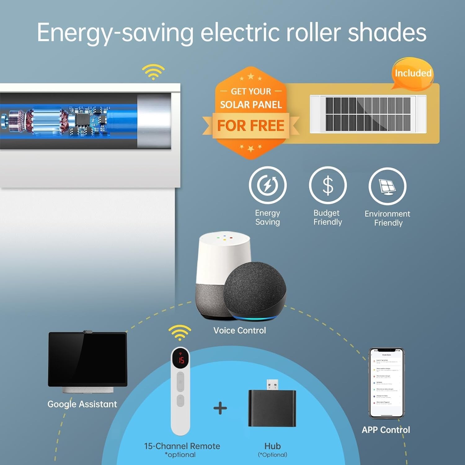 Motorized Blinds with Remote,Thermal Electric Blinds【Solar Panel】,Customizable
