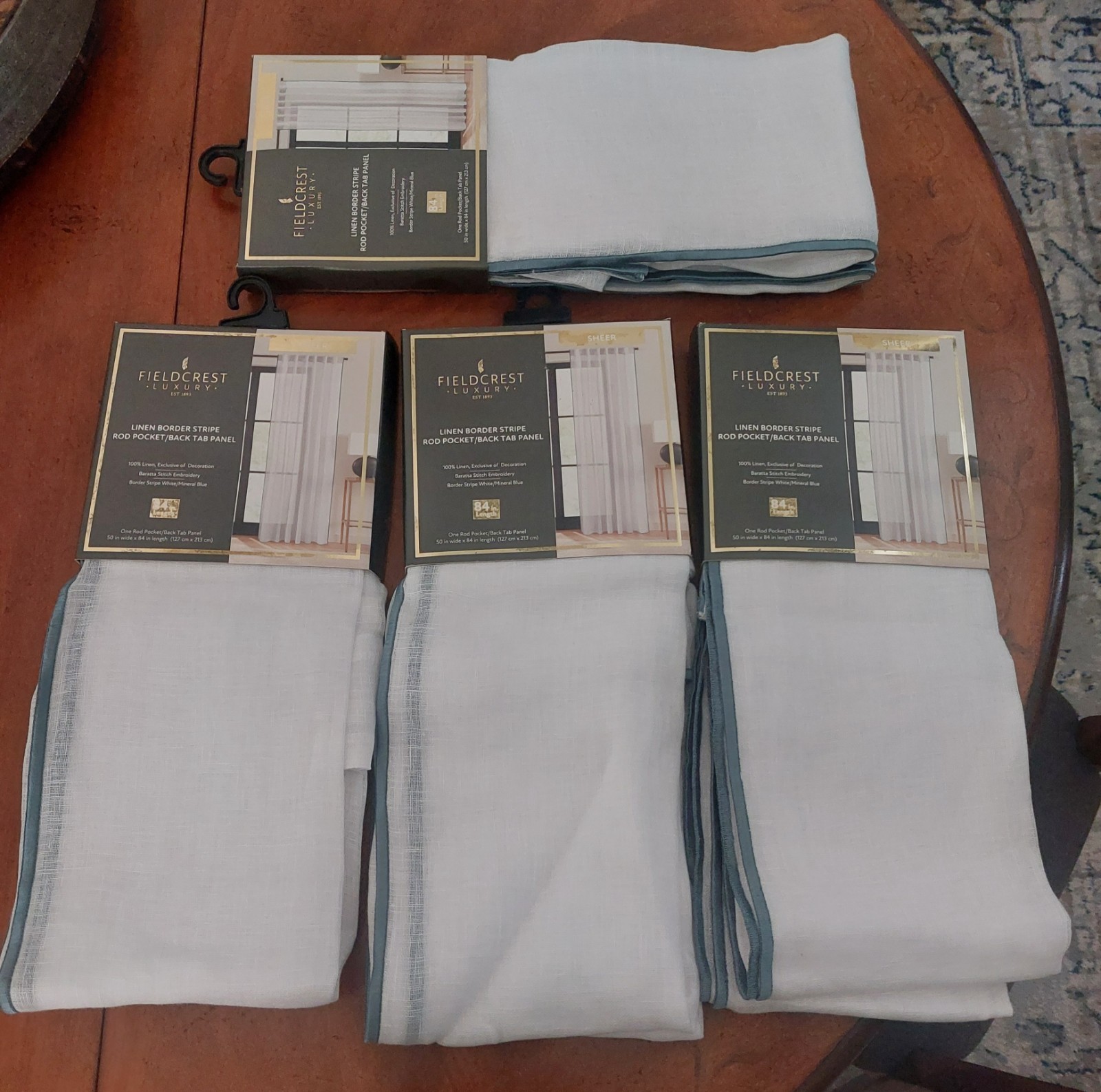Four Fieldcrest Luxury Linen Border Stripe White/Blue Panels 84″x50″ *NEW*