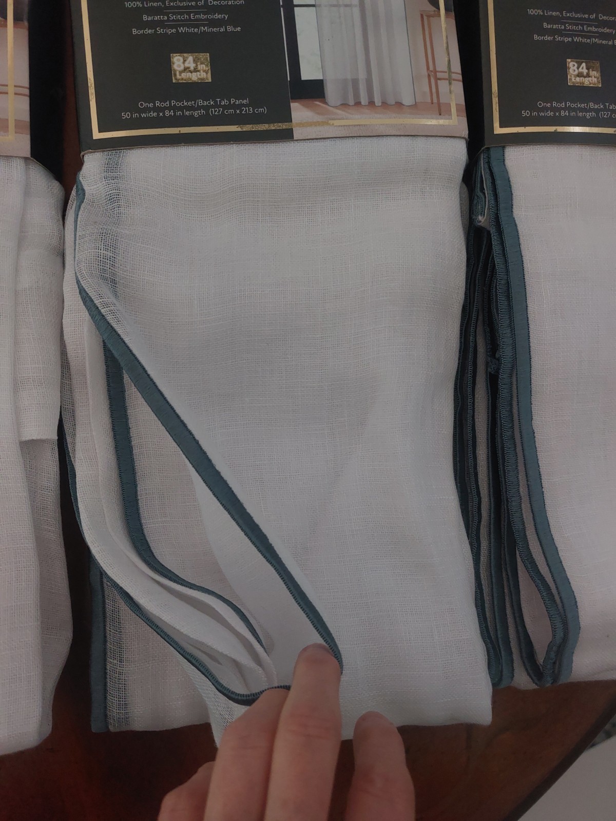 Four Fieldcrest Luxury Linen Border Stripe White/Blue Panels 84″x50″ *NEW*