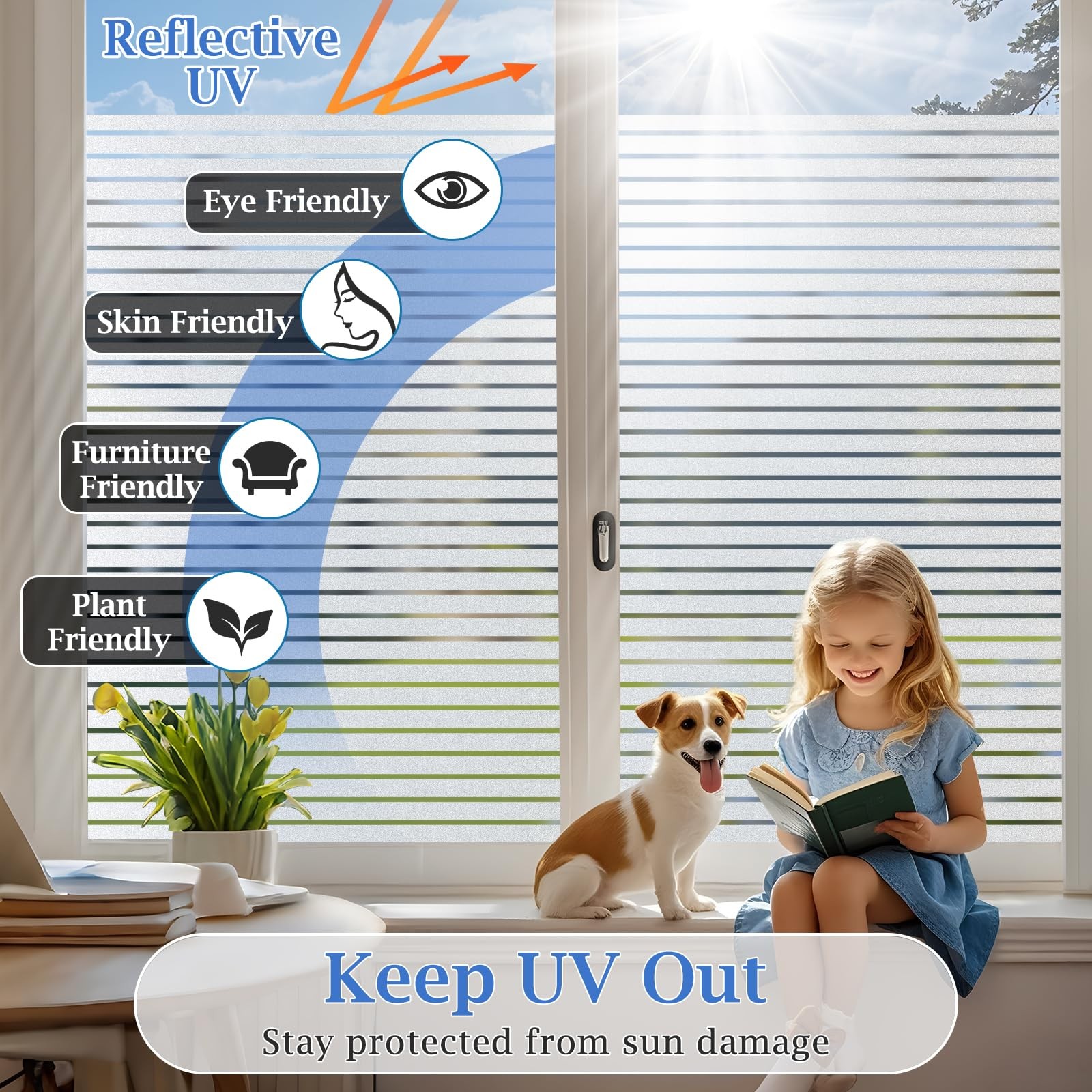 Viseeko Blinds Style Window Privacy Film, 17.5 x 78.7 Inch, Frosted Stripe