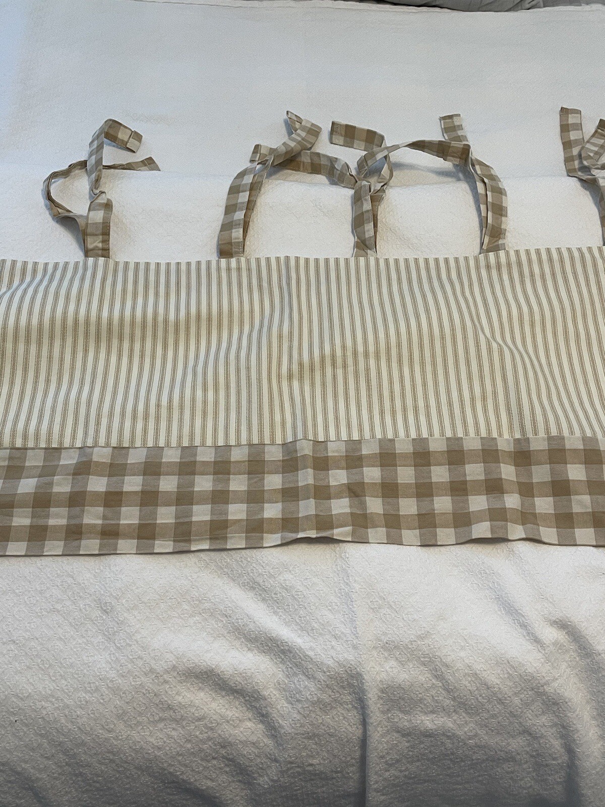 country curtains beige white check stripe ticking tie valnce currain