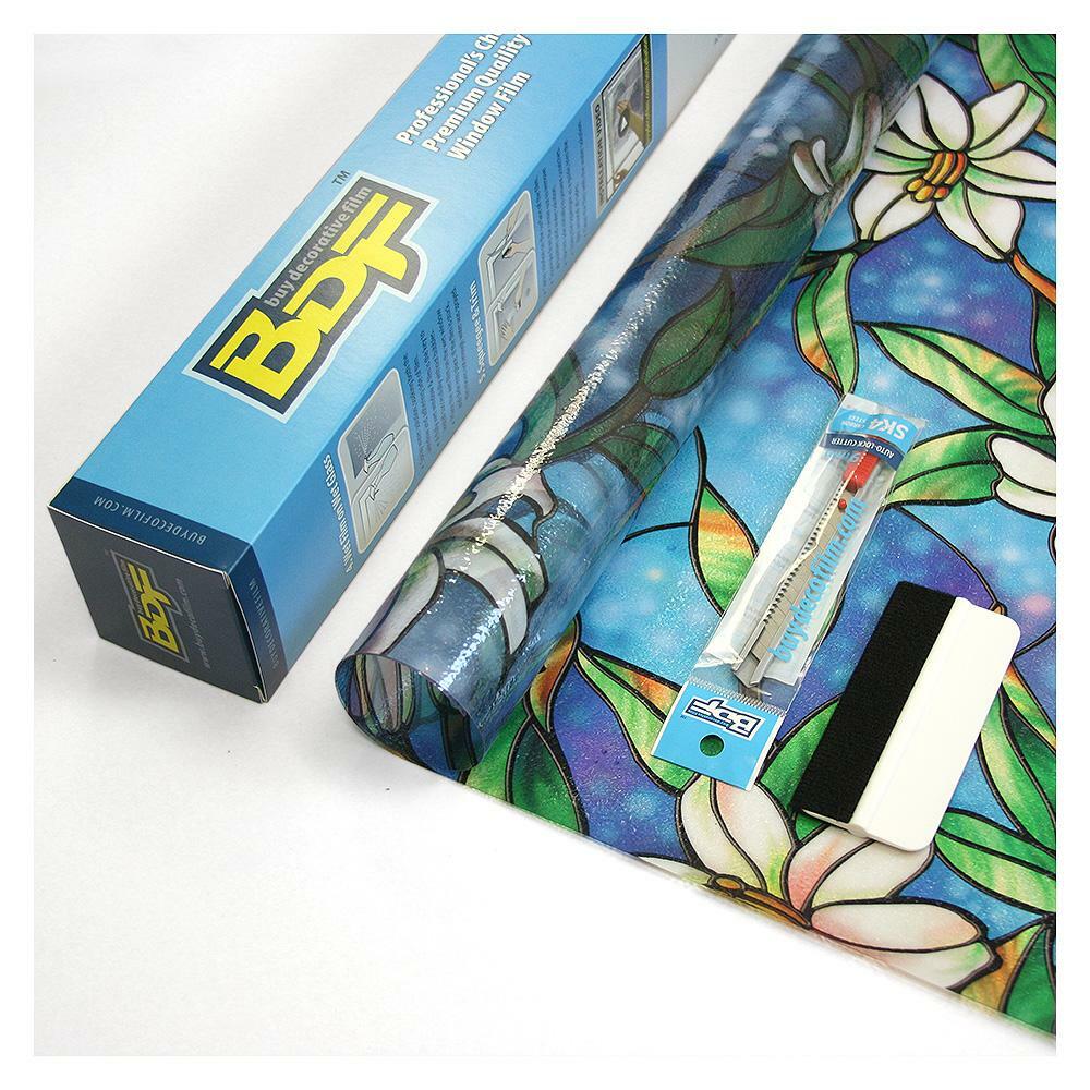 BDF 1CGB Window Film Non-Adhesive Floral Stained Glass Static Cling