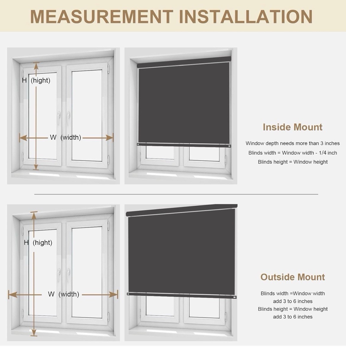 Cordless Blackout Roller Shade White Fabric Inside/Outside Mount 24×72