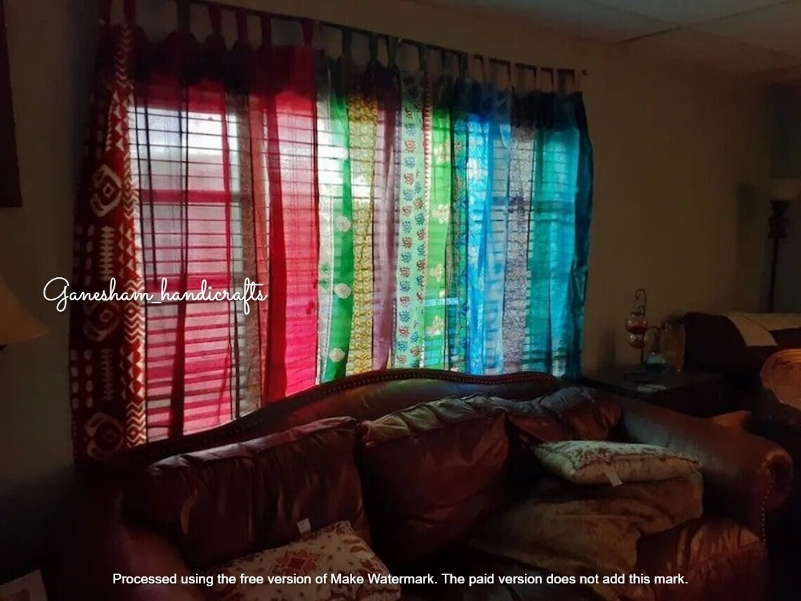 2 Pc Indian Sari Patchwork Curtain Drape Window Decor Pink Silk Sari Curtain
