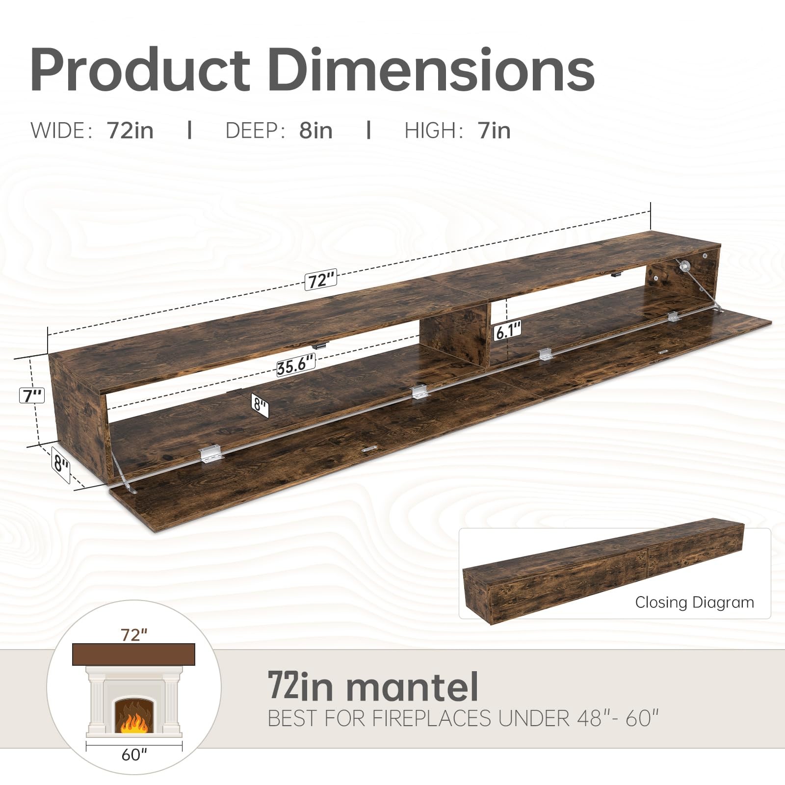 72inch Fireplace Mantel Shelf with Hidden Storage – MDF Wood Wall-Mounted She…