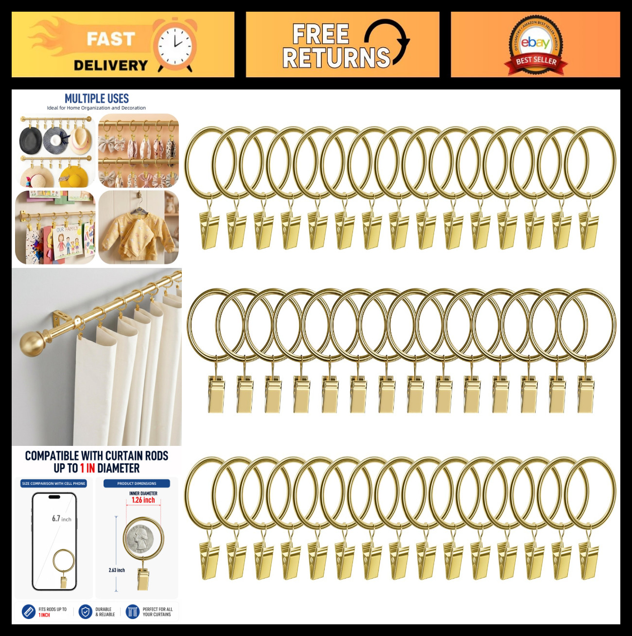 44 Pack Gold Curtain Rings with Clips, Heavy Duty Drapery Hooks for 1″ Rods