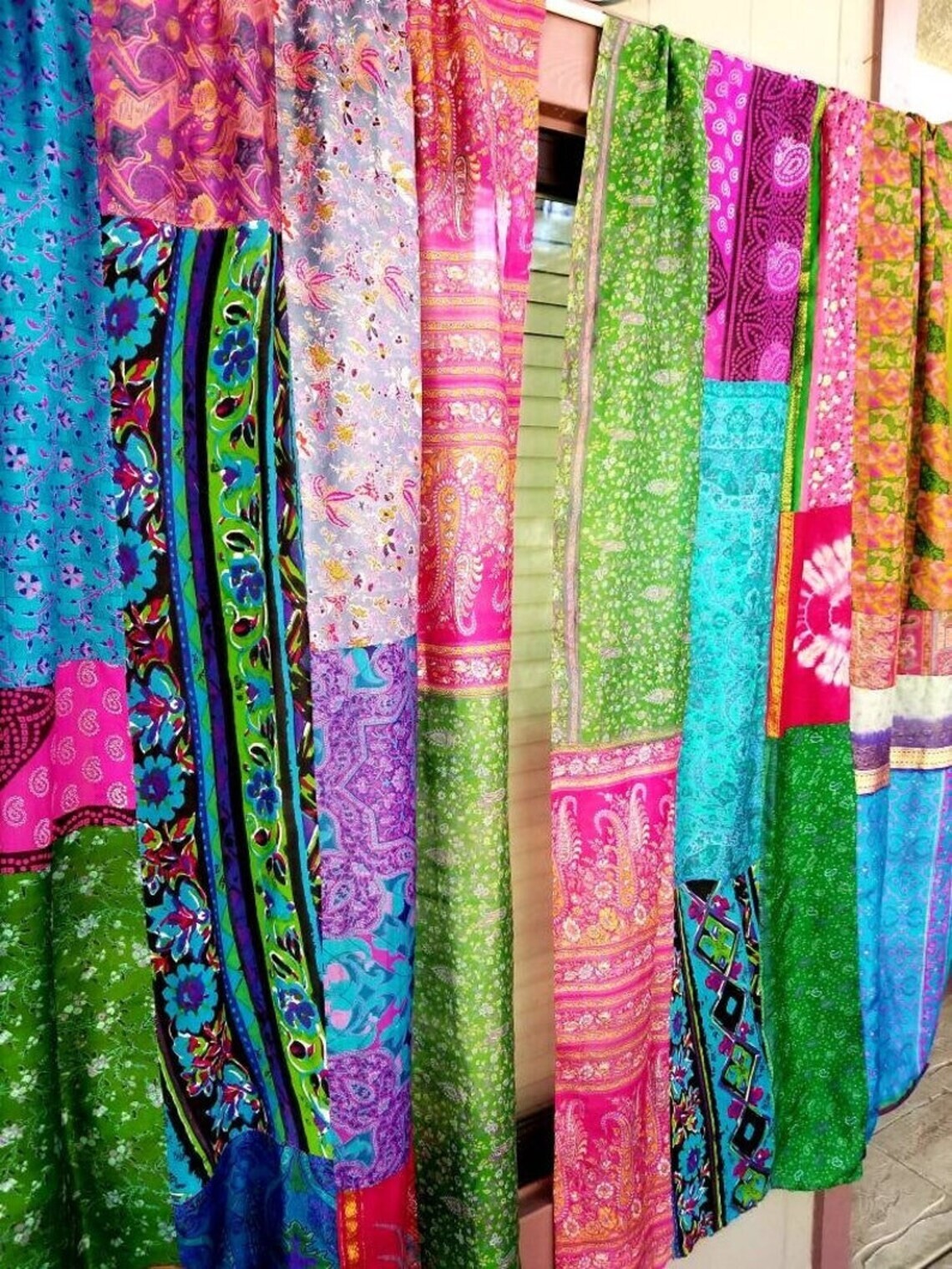 2 Pcs Indian Sari Patchwork Curtain Drape Window Decor Multi Silk Sari Curtain