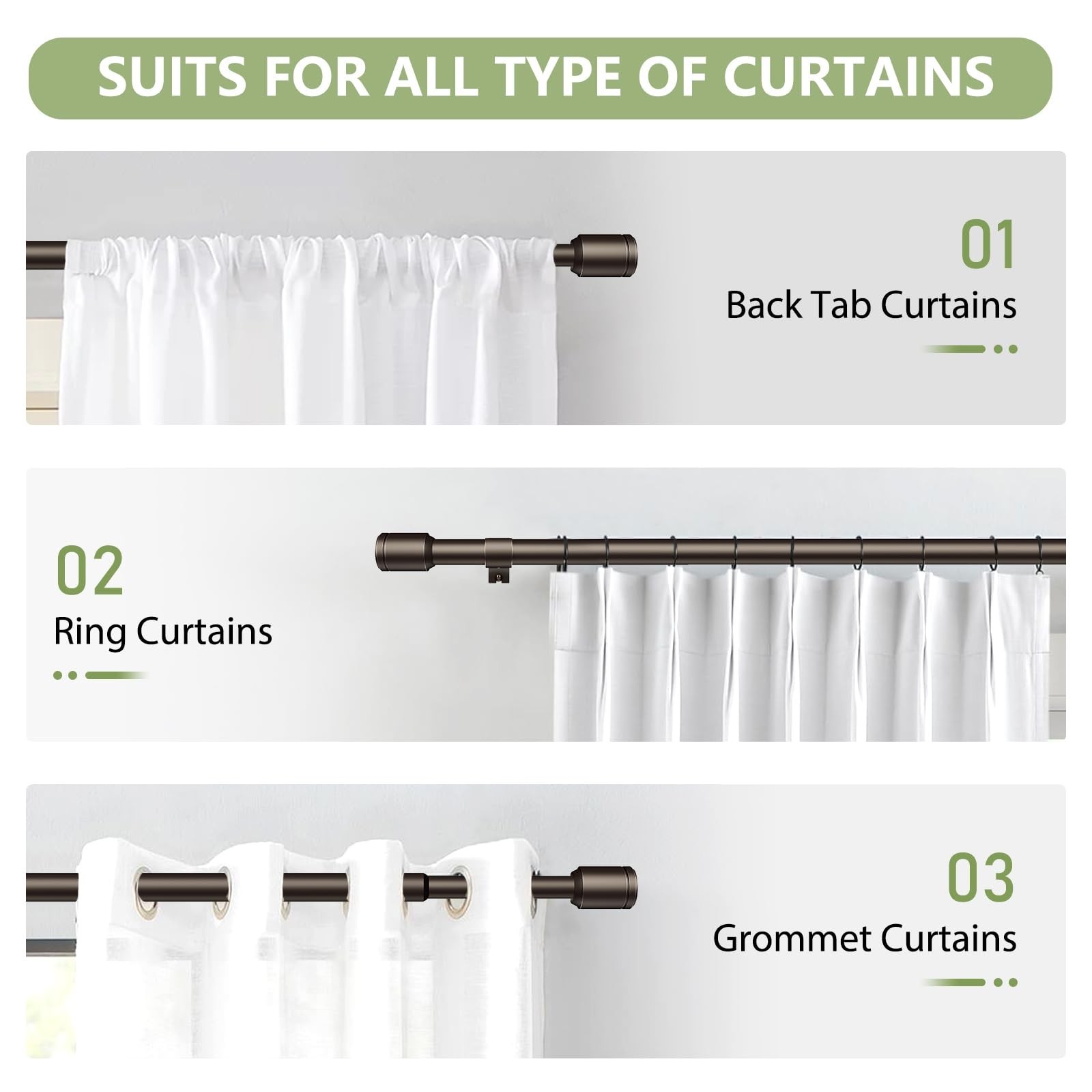 Adjustable 5/8″ Curtain Rods 30-90″ for Windows, Antique Bronze, 2 Pack with Bra