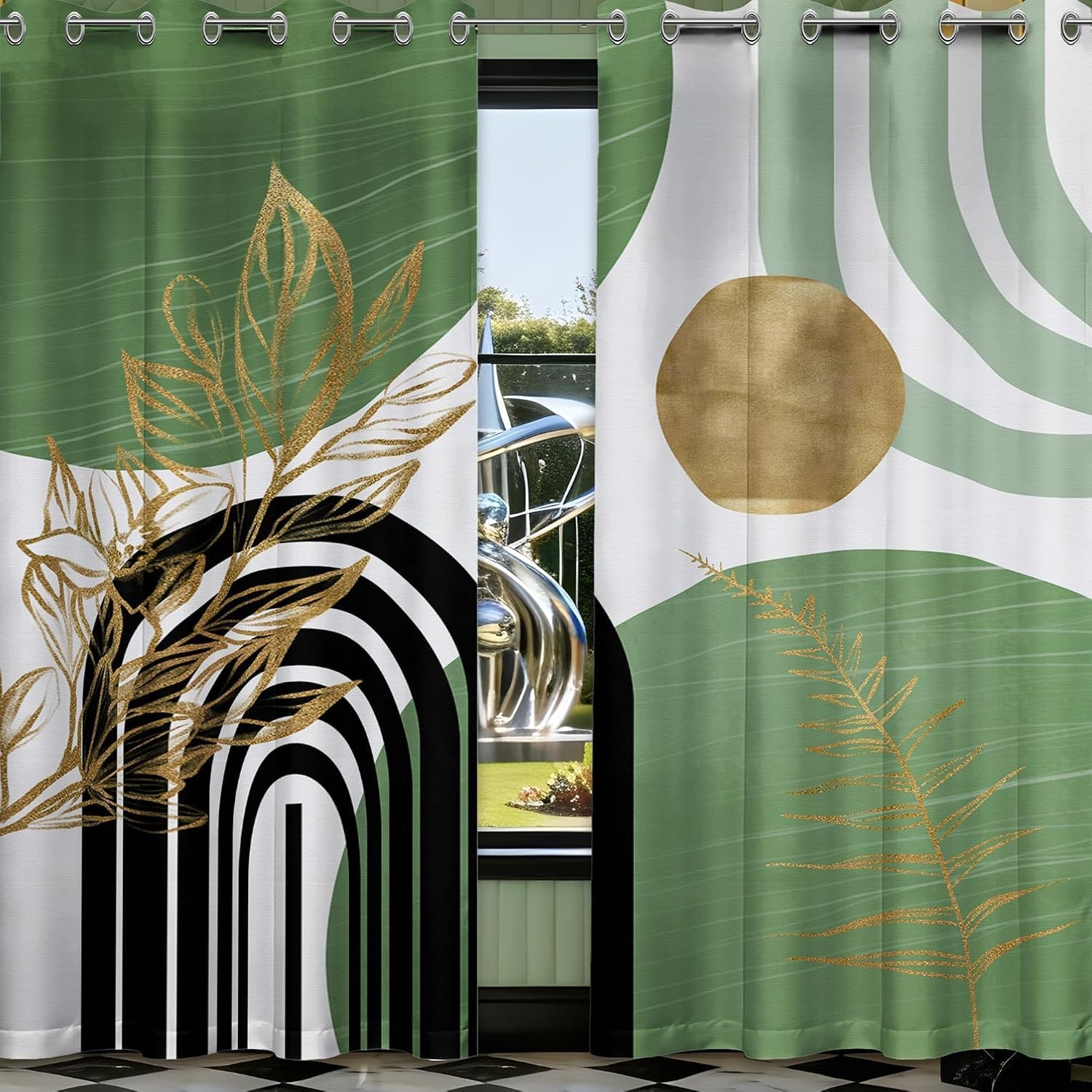 Mid Century Modern Boho Curtains Sage Green White 84in 2 Panels