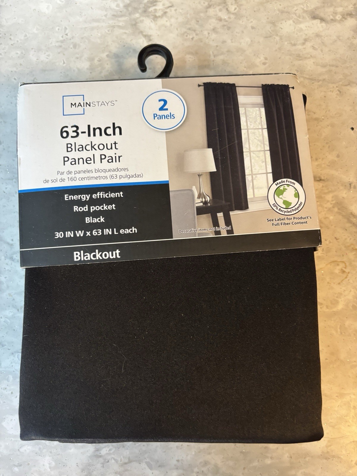 Mainstays Black Blackout Curtain Panels 63” Rod Pocket Pair Energy Efficient