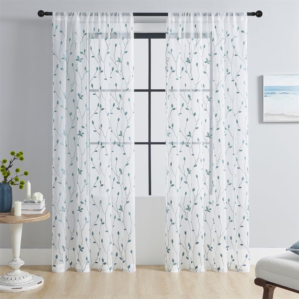 2 Panels Leaf Embroidered Sheer Curtains, Voile Rod Pocket Textured Drapes