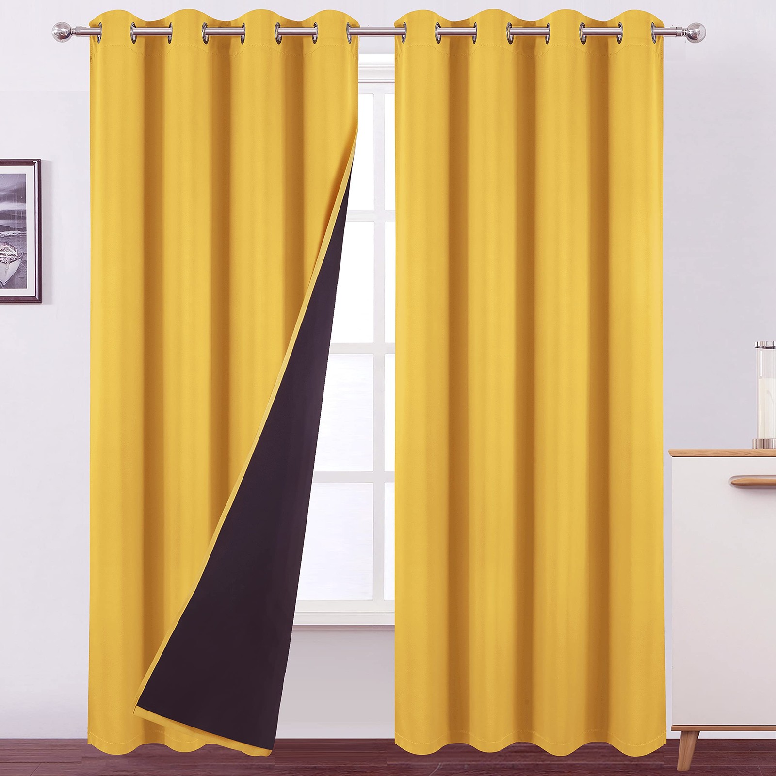 LEMOMO 100% Blackout Yellow Curtains with Black Lining/52 x 84 Inch/Set of 2 Pan