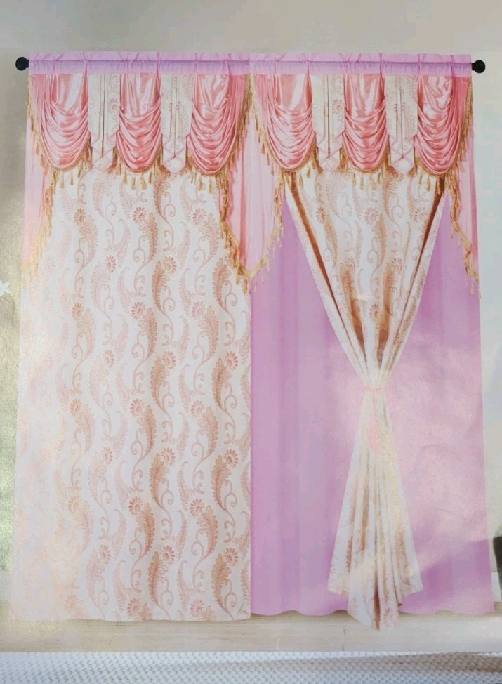 Luxurious Pink and Beige Jacquard Panels With attached valance. 2 Pieces 53″×90″