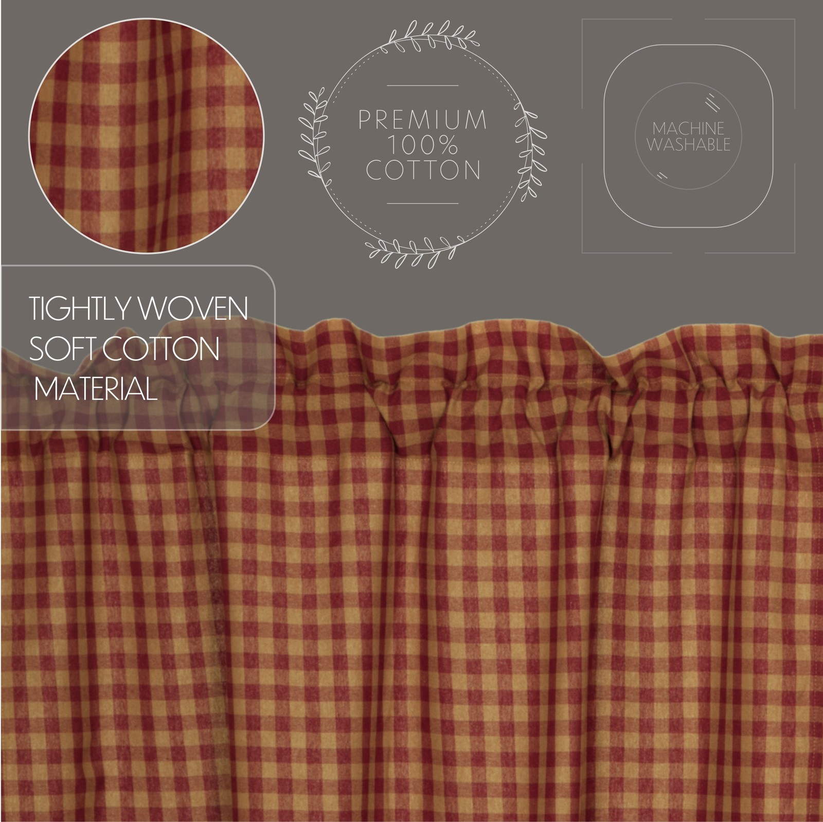 Primitive 24″x36″ Tier Pair Red Rod Pocket Kitchen Window Curtains VHC Brands